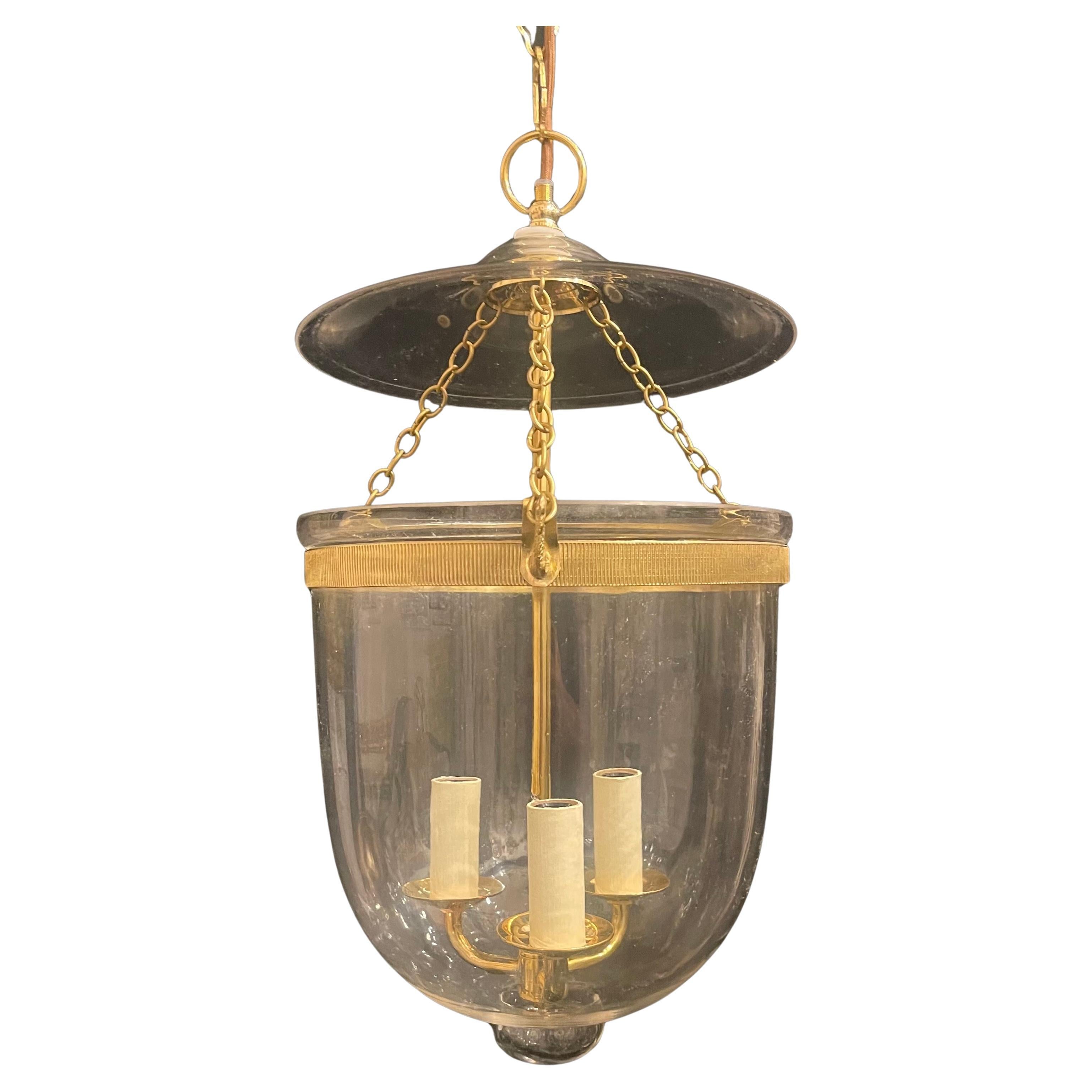 Wonderful Hector Finch Temple Brass Glass Bell Jar 3-Light Lantern Light Fixture