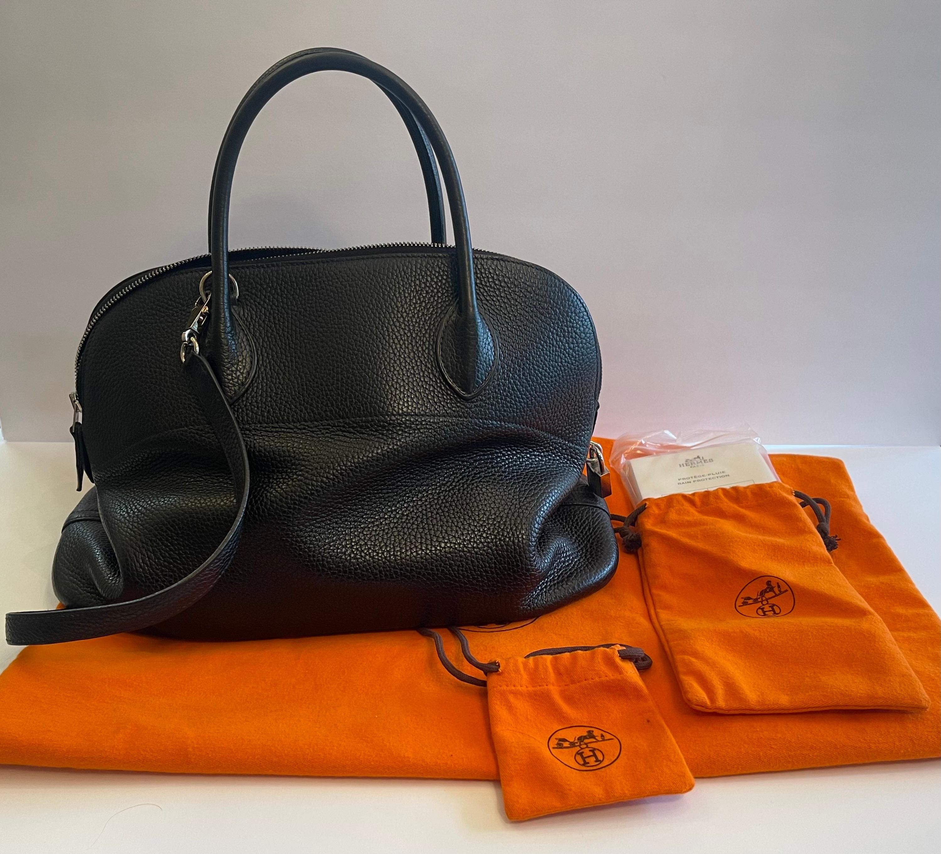 French Wonderful Hermes Bolide Black Pebbled Leather Silver-Tone Hardware Bowler Bag