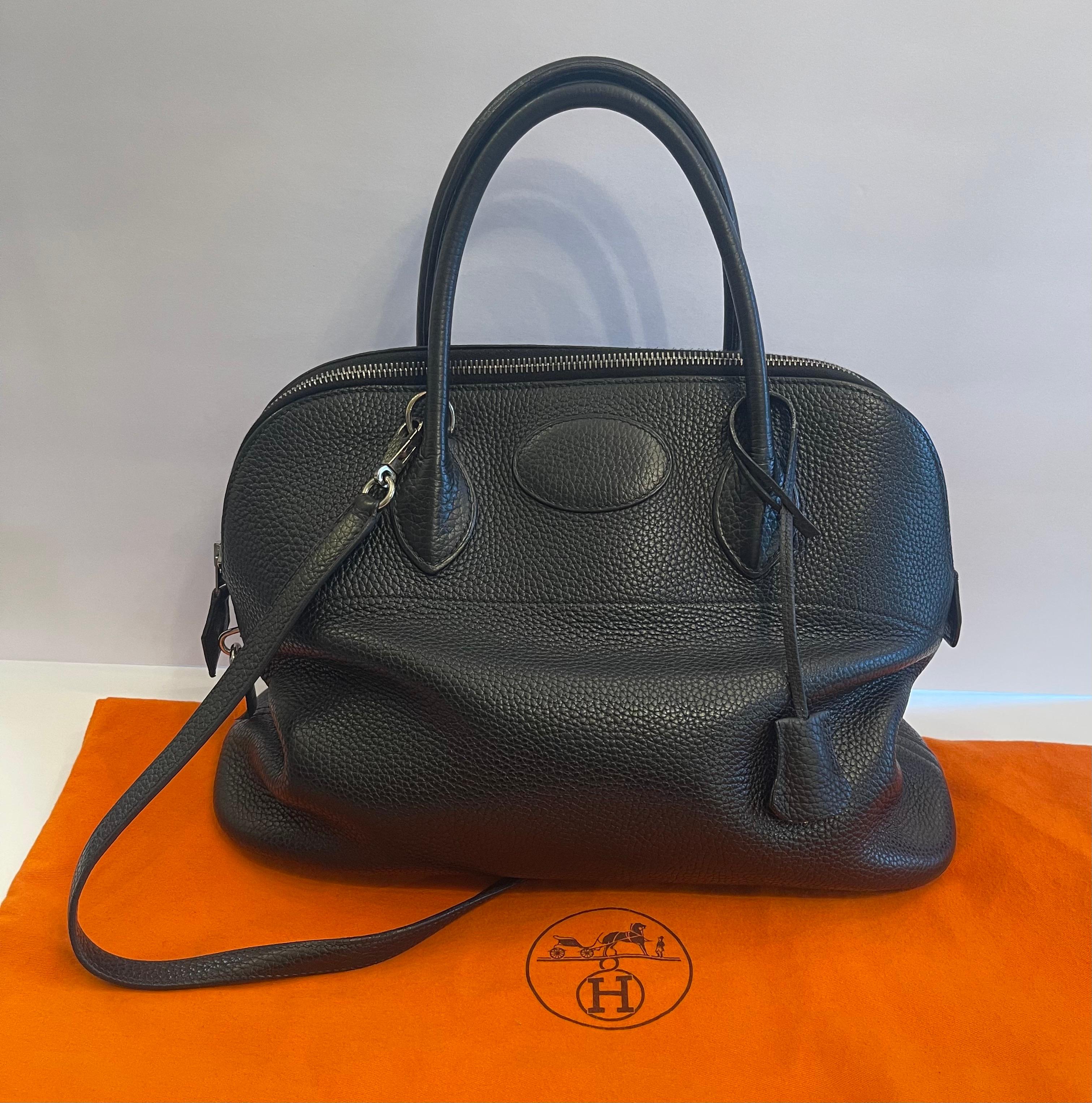 Wonderful Hermes Bolide Black Pebbled Leather Silver-Tone Hardware Bowler Bag In Good Condition In Roslyn, NY