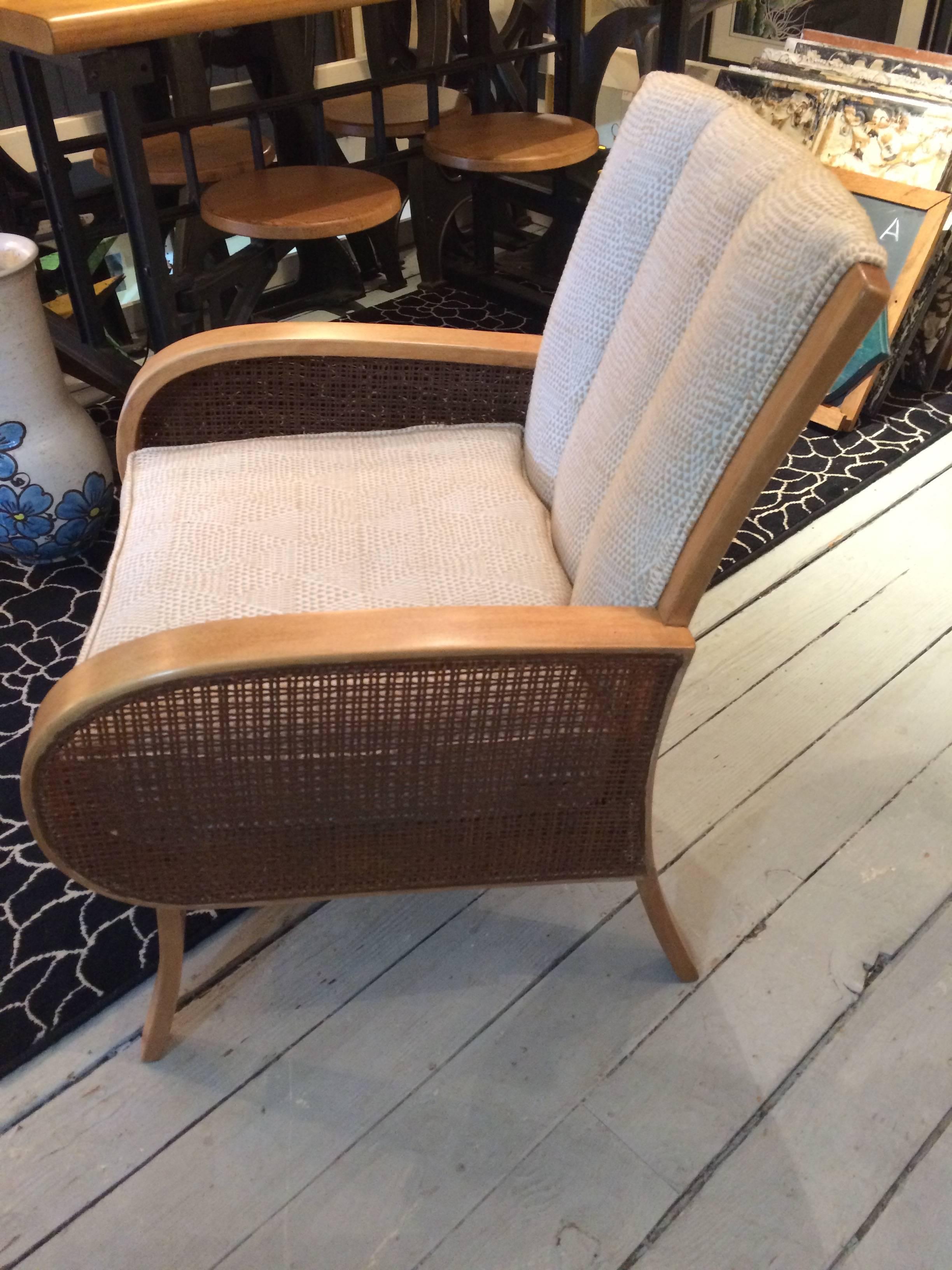 Wonderful Heywood Wakefield Ash, Cane and Upholstered Retro Chair In Excellent Condition In Hopewell, NJ