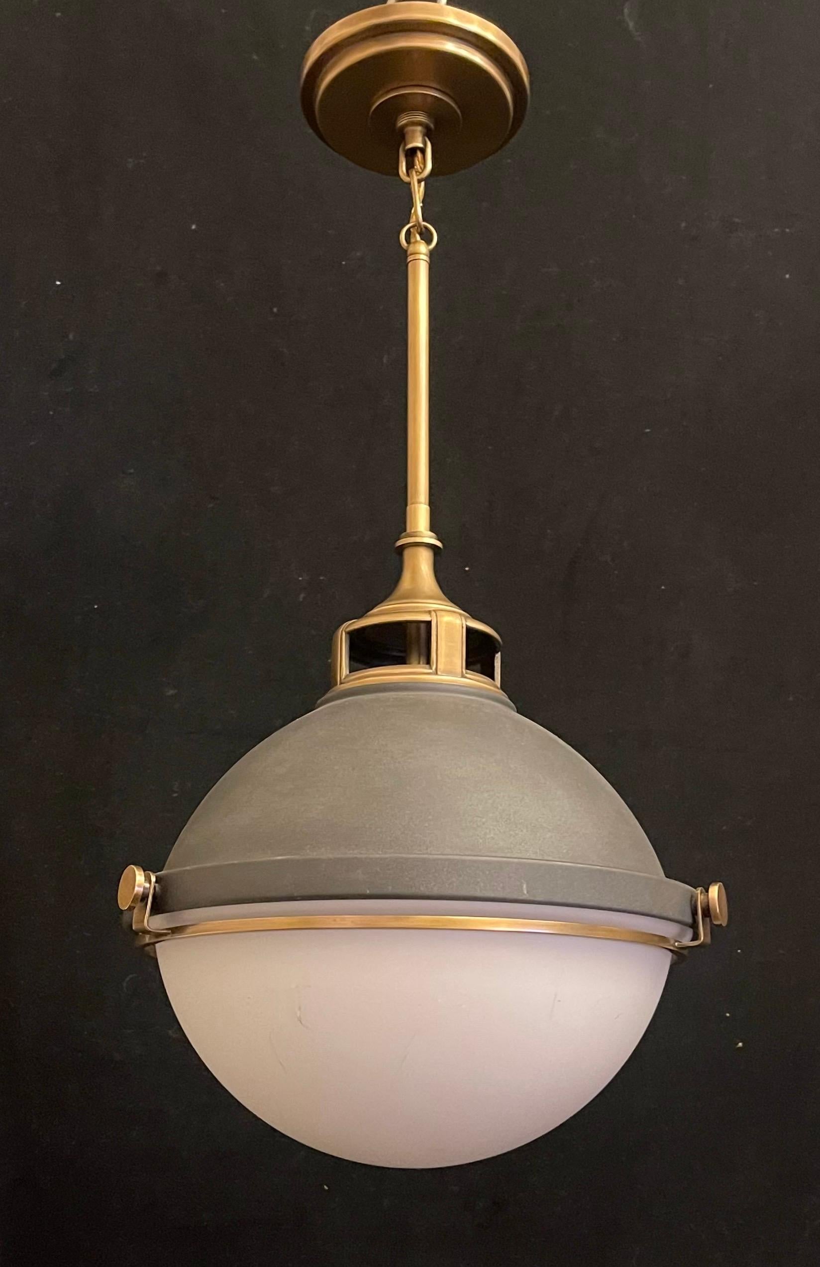 A Wonderful Hinkley Lighting Fletcher Pendant Aged Zinc / Brass With White Glass Shade Light Fixture 