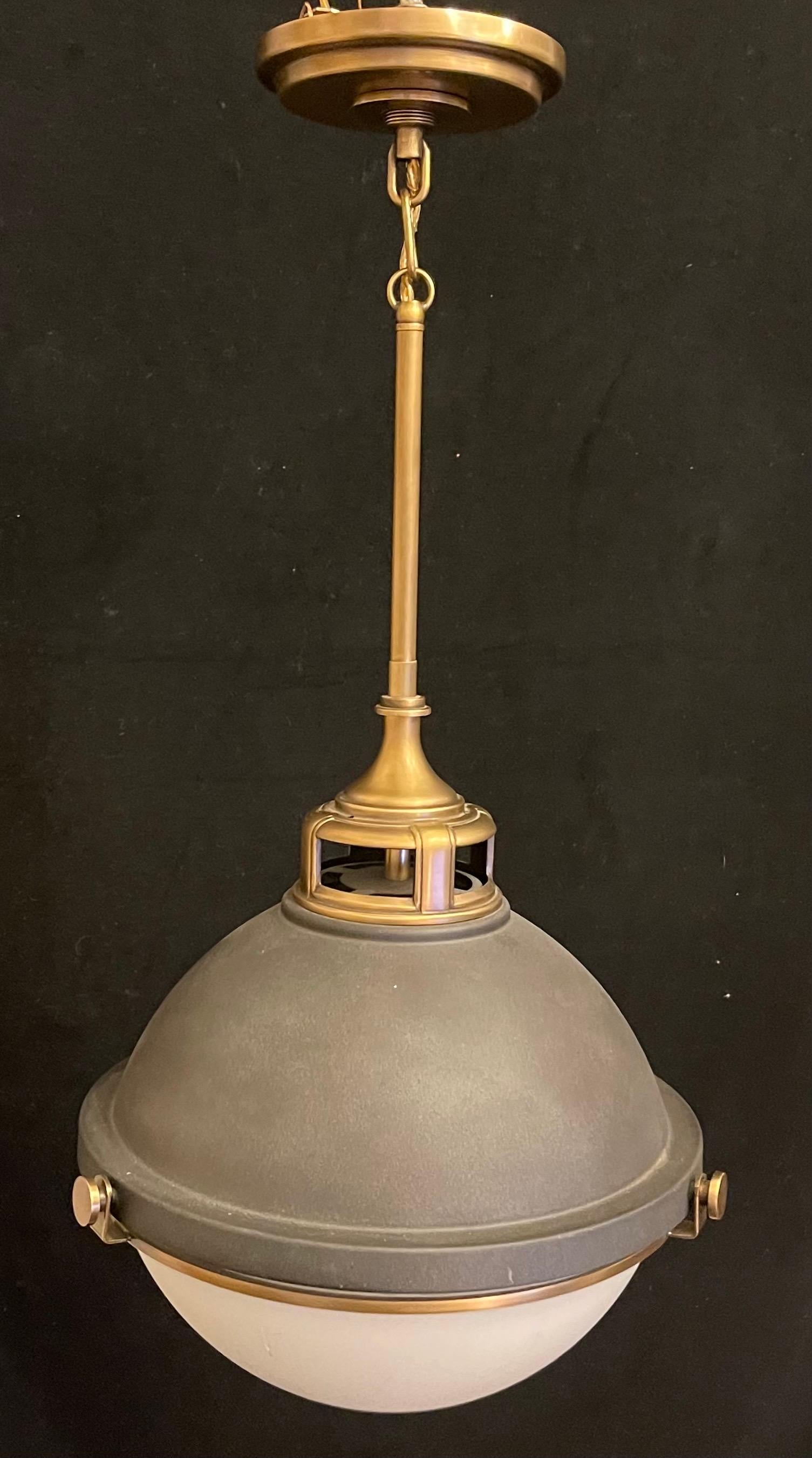 20th Century Wonderful Hinkley Lighting Fletcher Pendant Aged Zinc Brass Glass Light Fixture For Sale