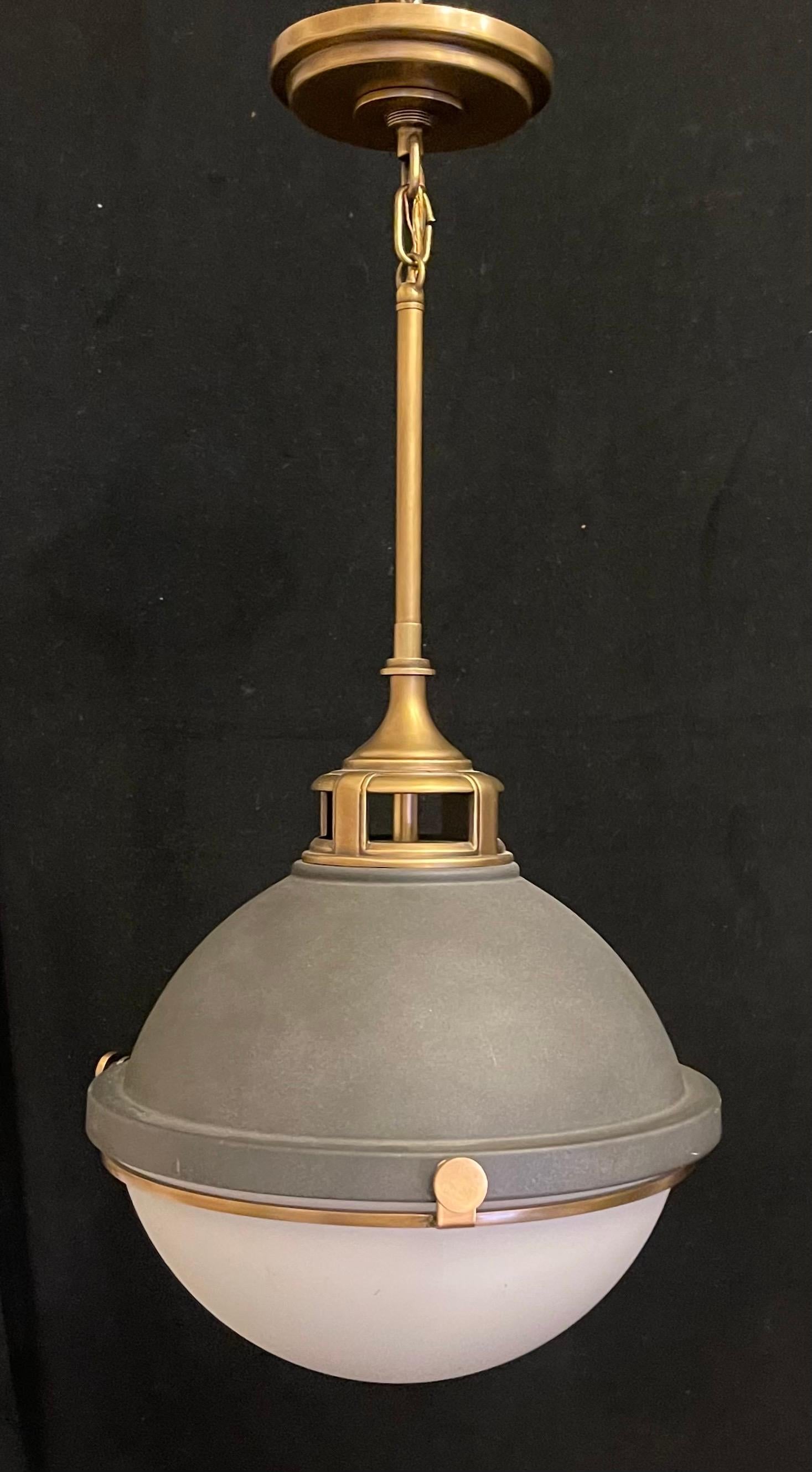 Wonderful Hinkley Lighting Fletcher Pendant Aged Zinc Brass Glass Light Fixture For Sale 1