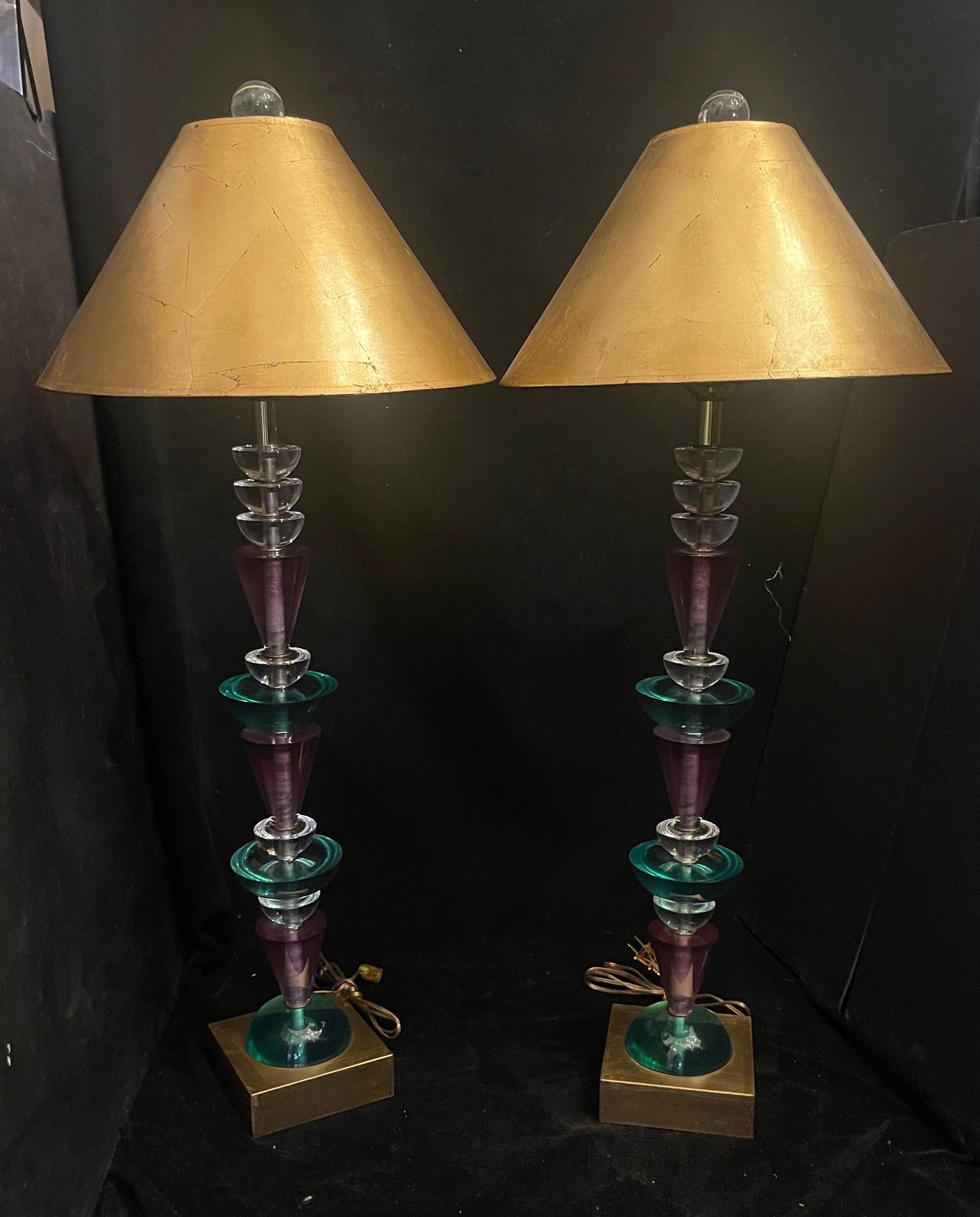 A Wonderful Pair Of Hivo Van Teal Designer Mid Century Modern Colored Lucite Stack Large Table Lamps, Including Gold Lamp Shades.