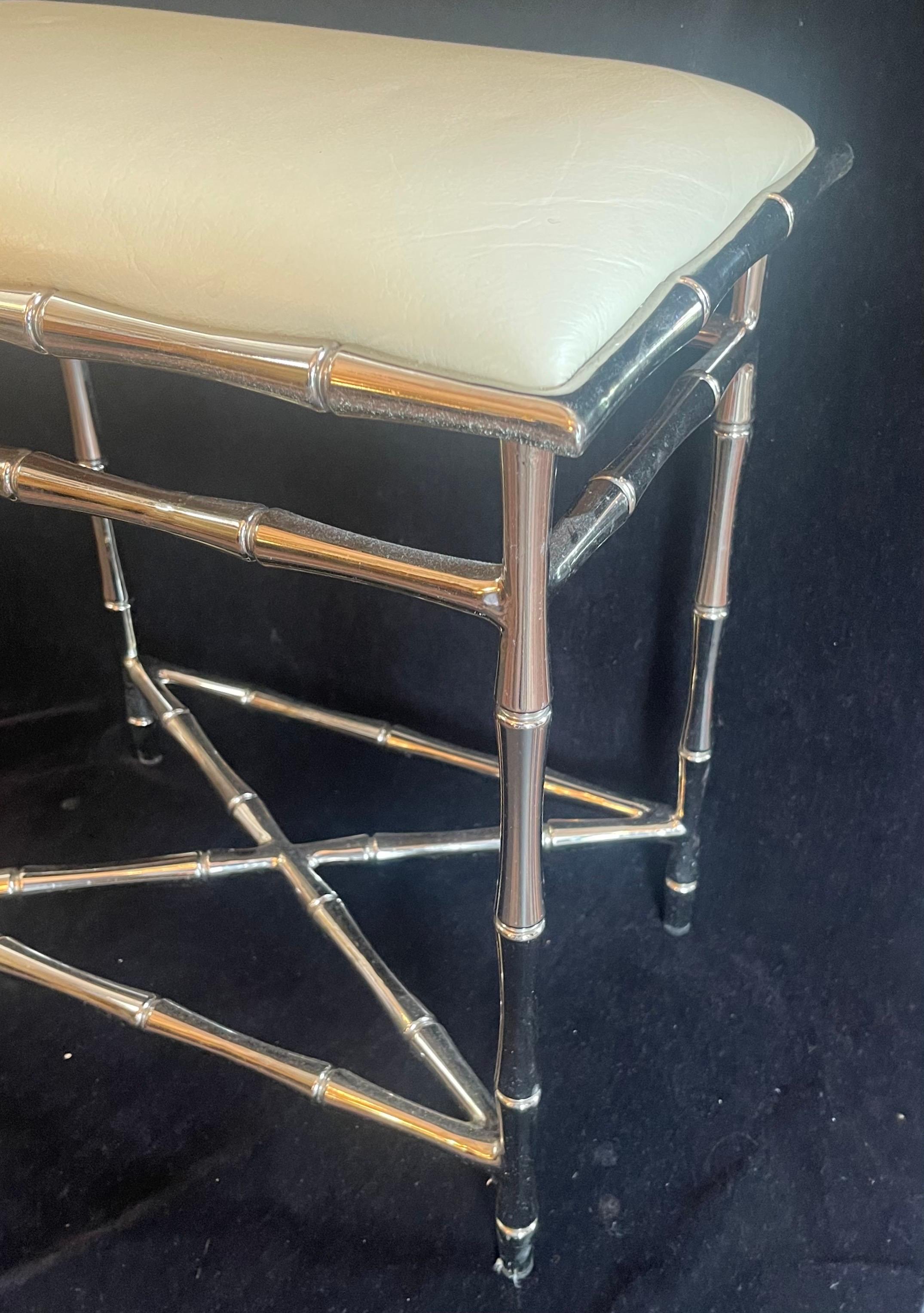 Hollywood Regency Wonderful Hollywood Bagues Jansen Modern Faux Bamboo Polished Nickel Bench Stool