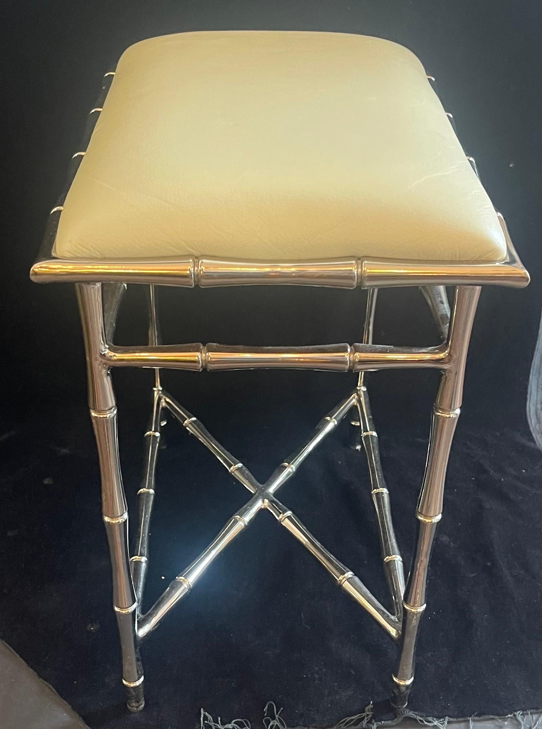 20th Century Wonderful Hollywood Bagues Jansen Modern Faux Bamboo Polished Nickel Bench Stool