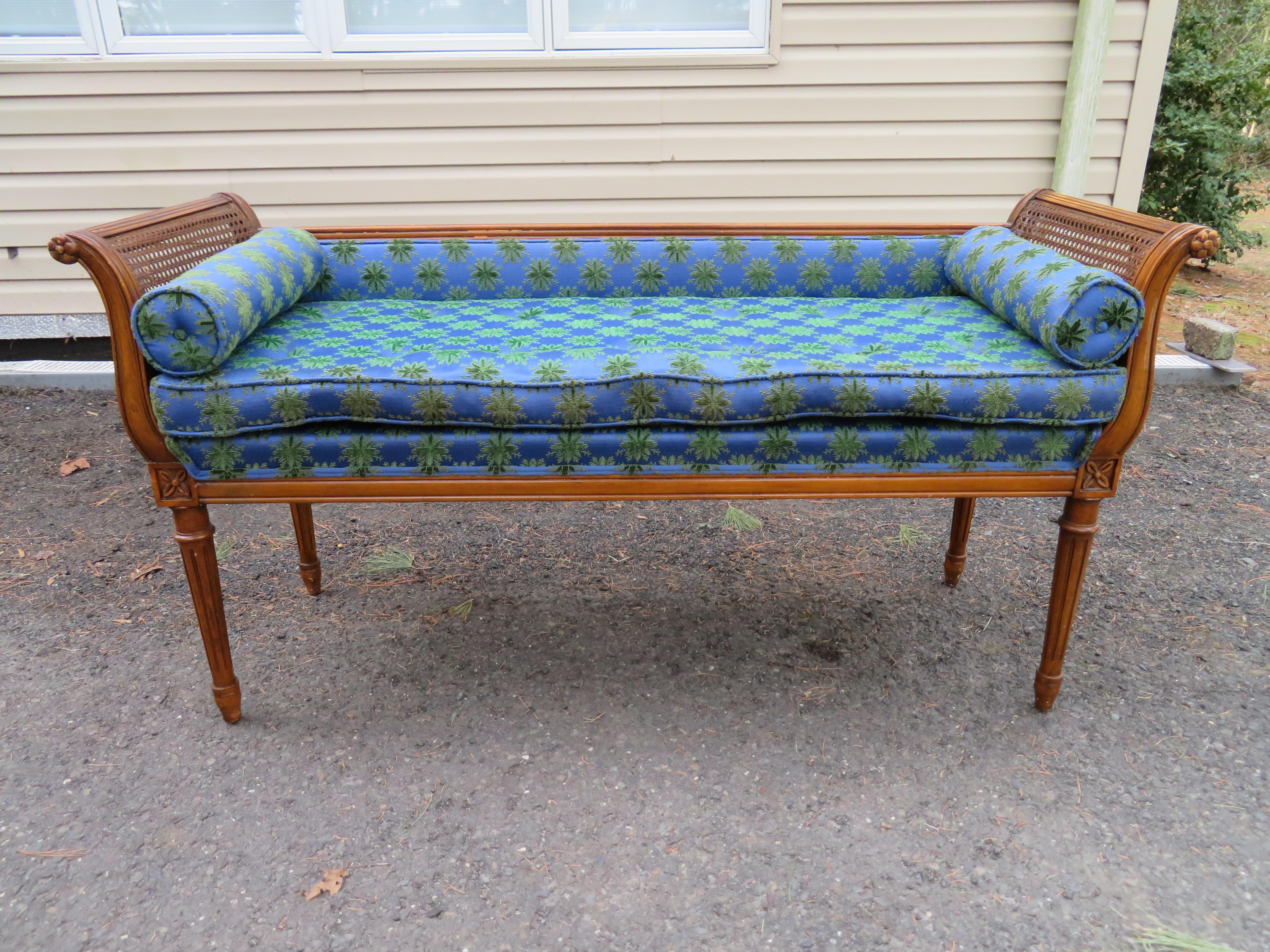 Wonderful Hollywood Regency Neoclassical Style Cane Arm Upholstered Bench 8