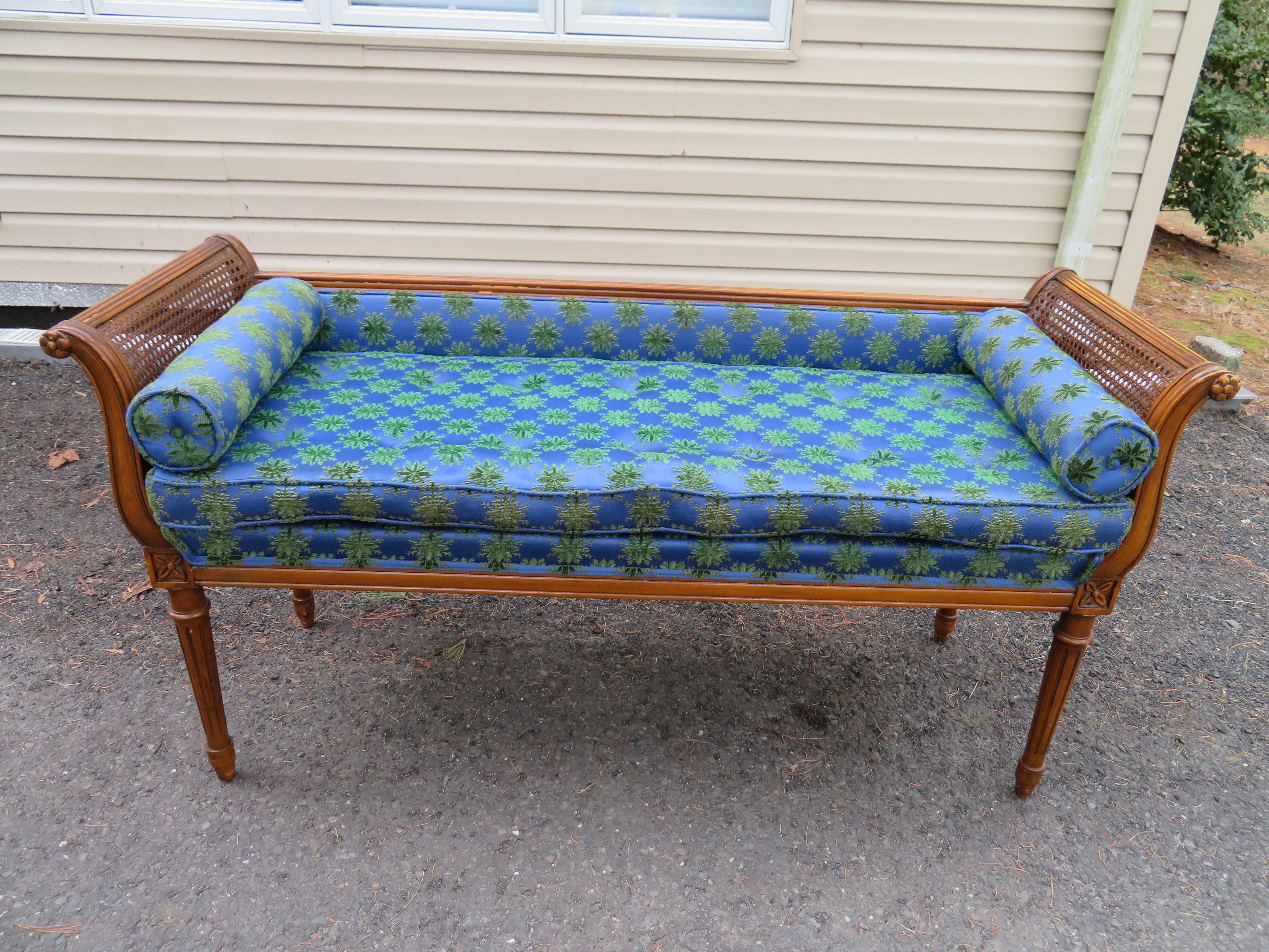 Wonderful Hollywood Regency neoclassical style caned arm upholstered bench. The upholstery will need to be replaced but that's what you designers are looking for anyway, Right?
