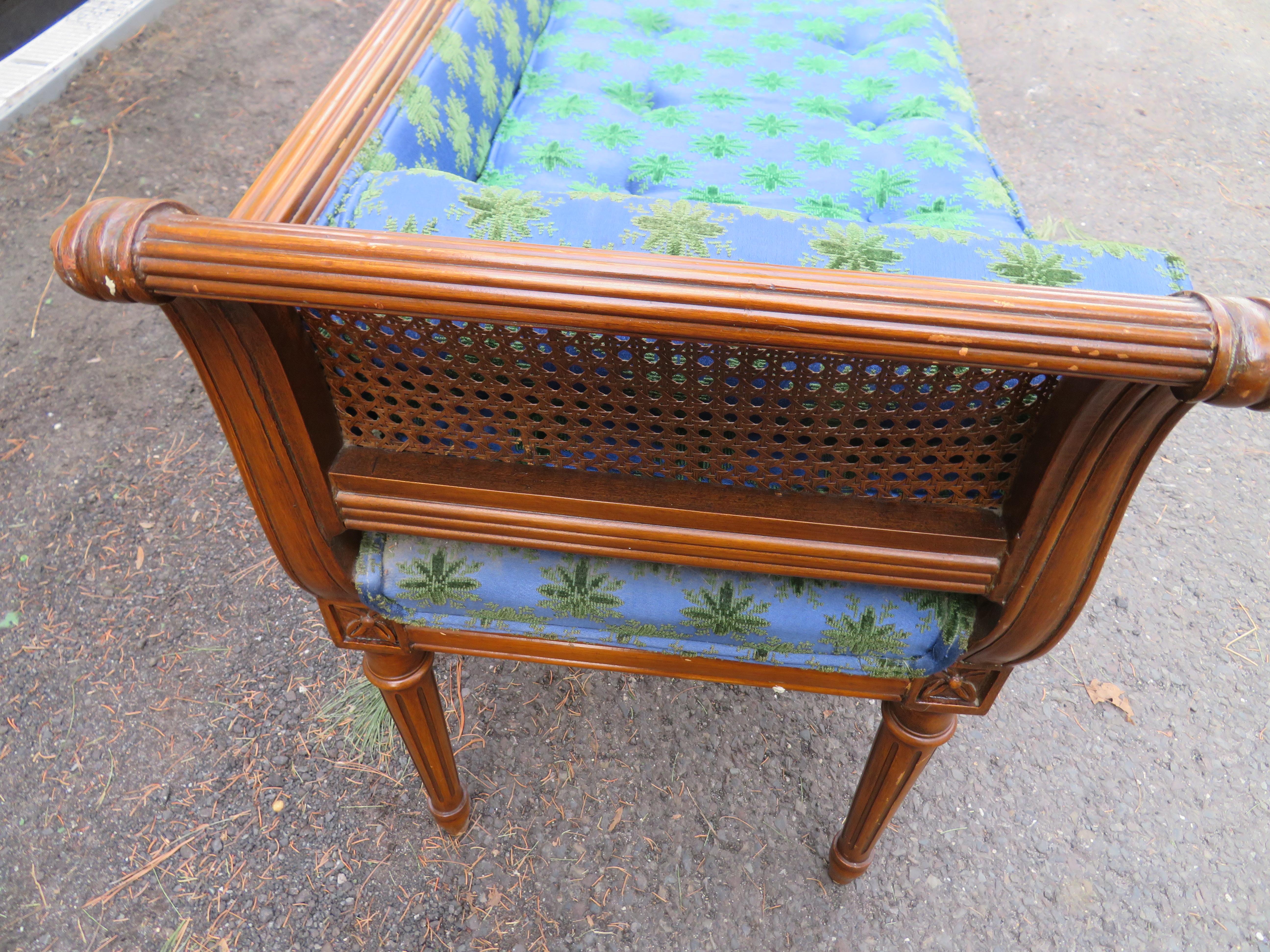 Wonderful Hollywood Regency Neoclassical Style Cane Arm Upholstered Bench In Good Condition In Pemberton, NJ
