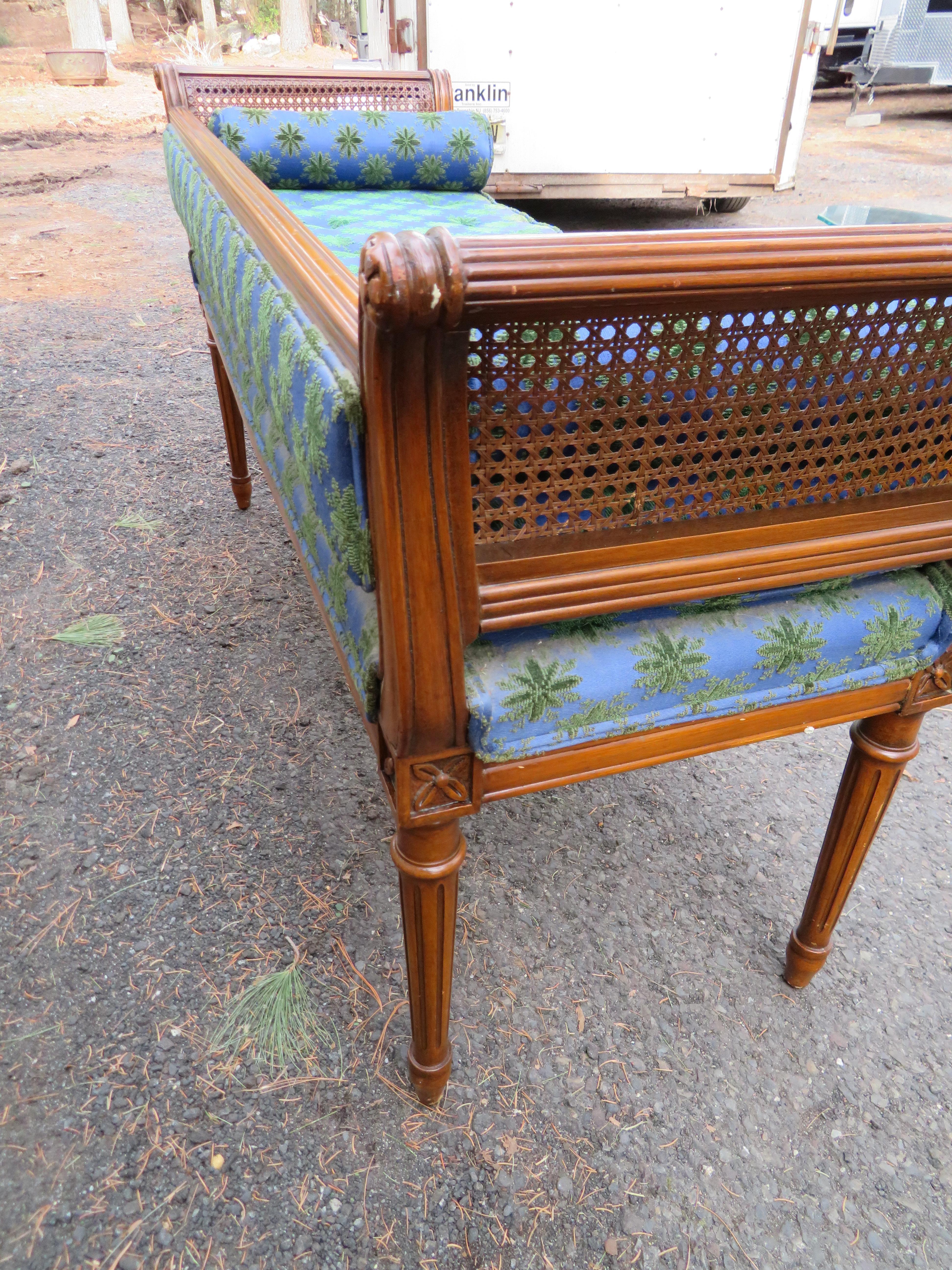 Mid-20th Century Wonderful Hollywood Regency Neoclassical Style Cane Arm Upholstered Bench