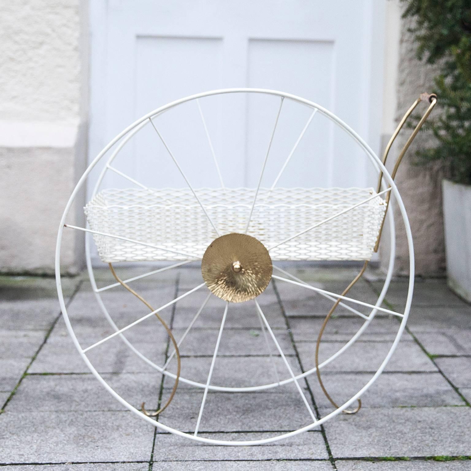 Extraordinary planter cart in brass and white painted metal with a bamboo handle from Germany, 1950s.