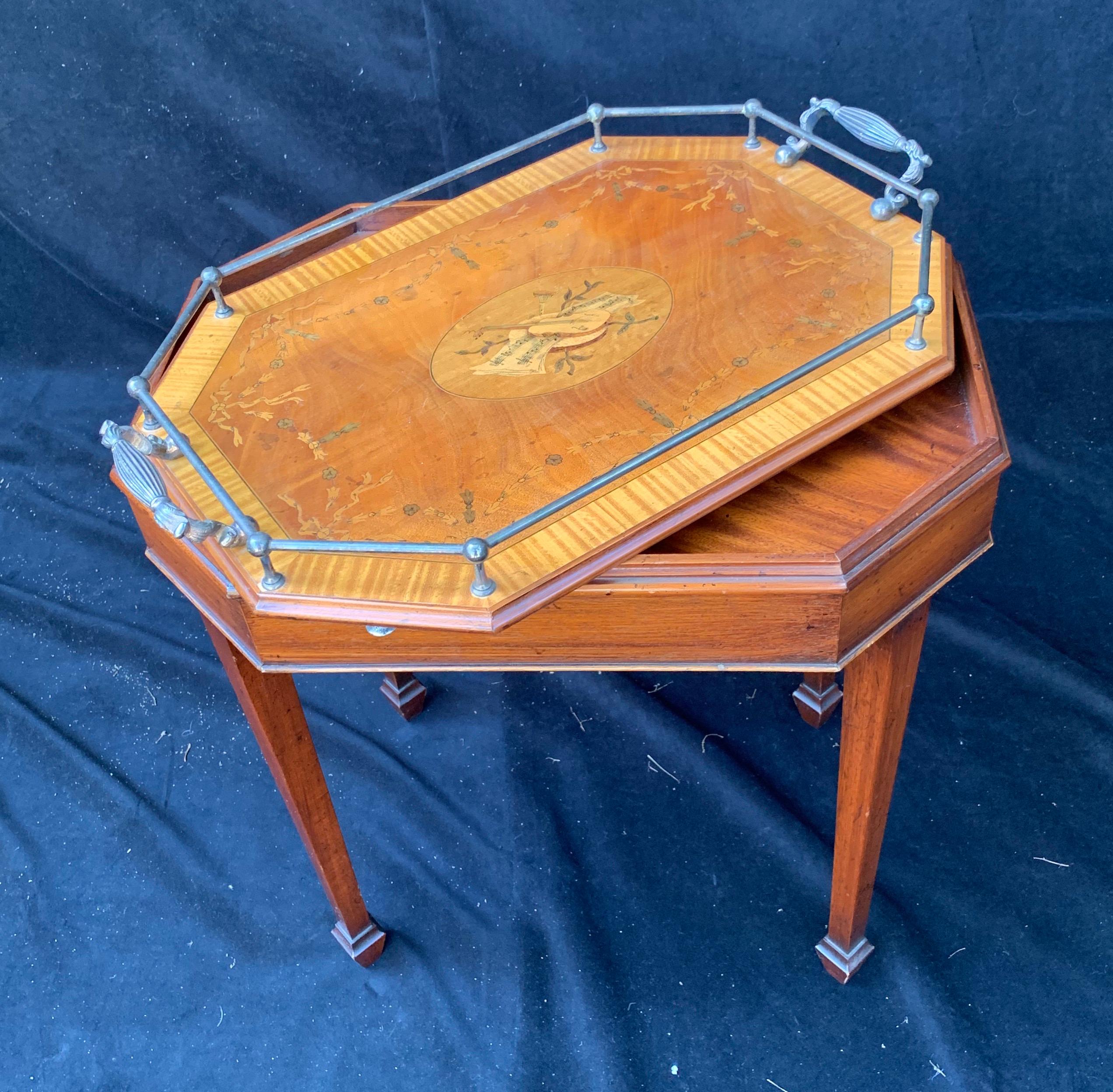 Inlay Wonderful Inlaid Musical Marquetry Silver Plated Removable Gallery Tray Table For Sale