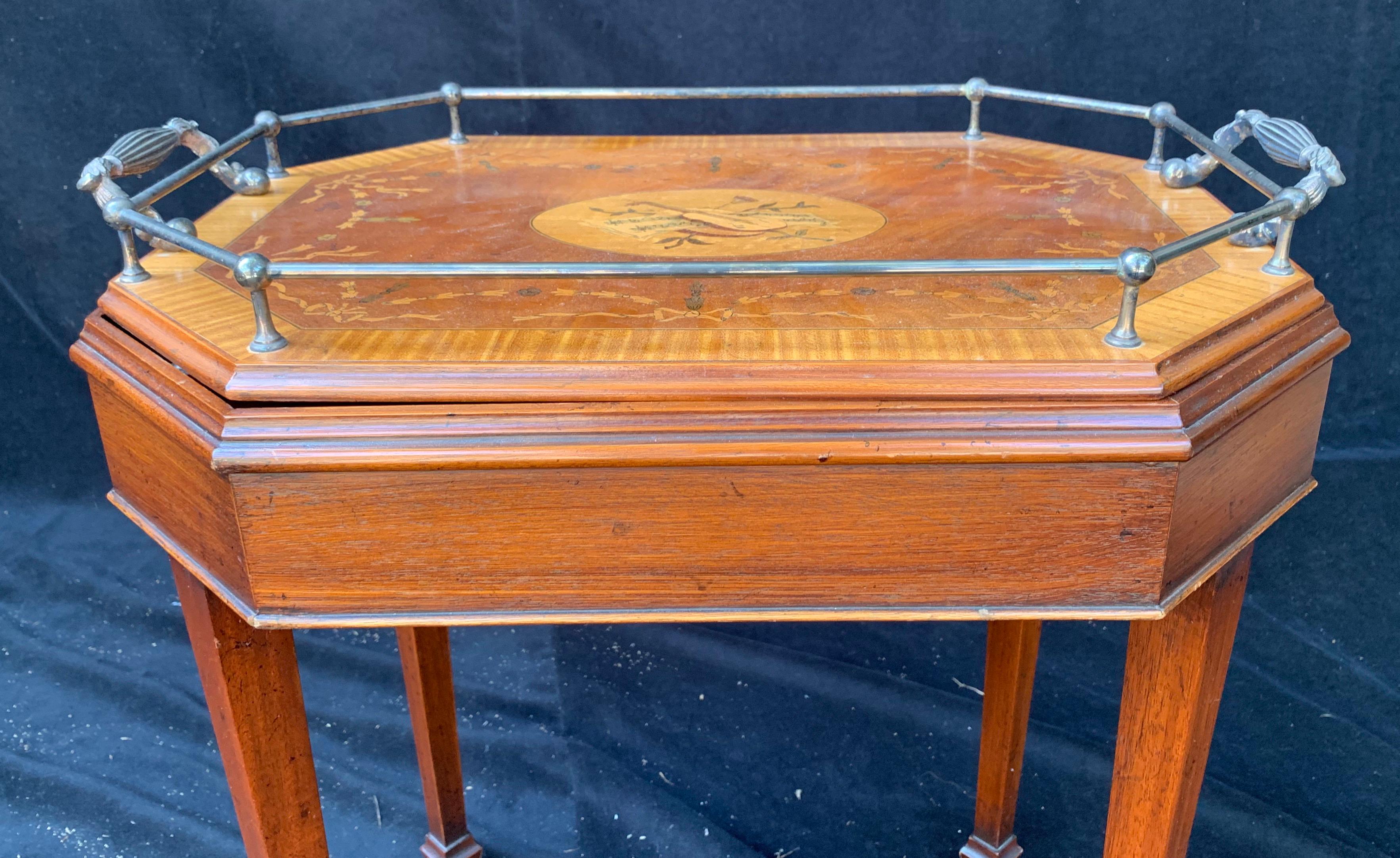 20th Century Wonderful Inlaid Musical Marquetry Silver Plated Removable Gallery Tray Table For Sale