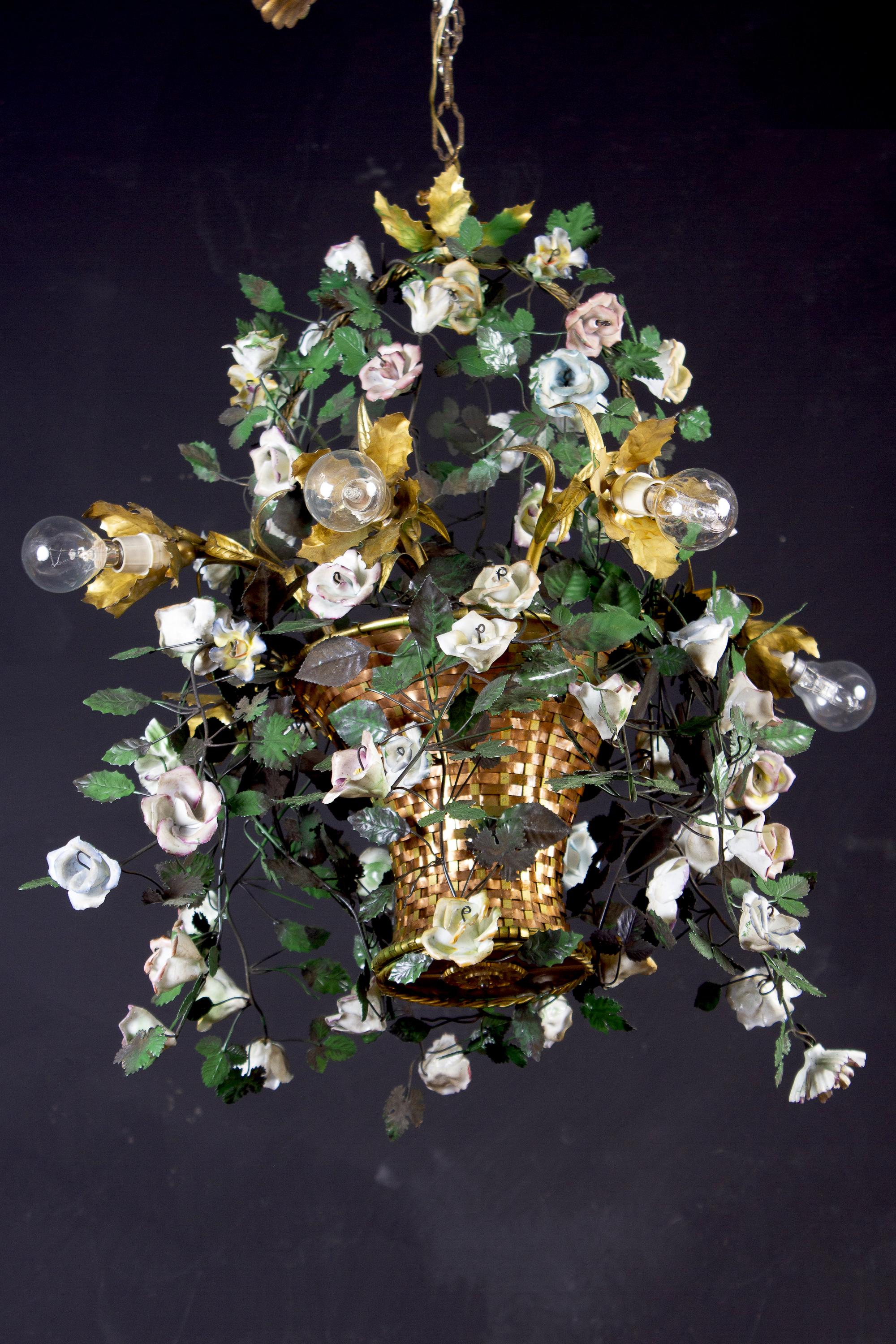 Wonderful Italian Basket Chandelier with Colorful Porcelain Flowers, 1940 For Sale 5