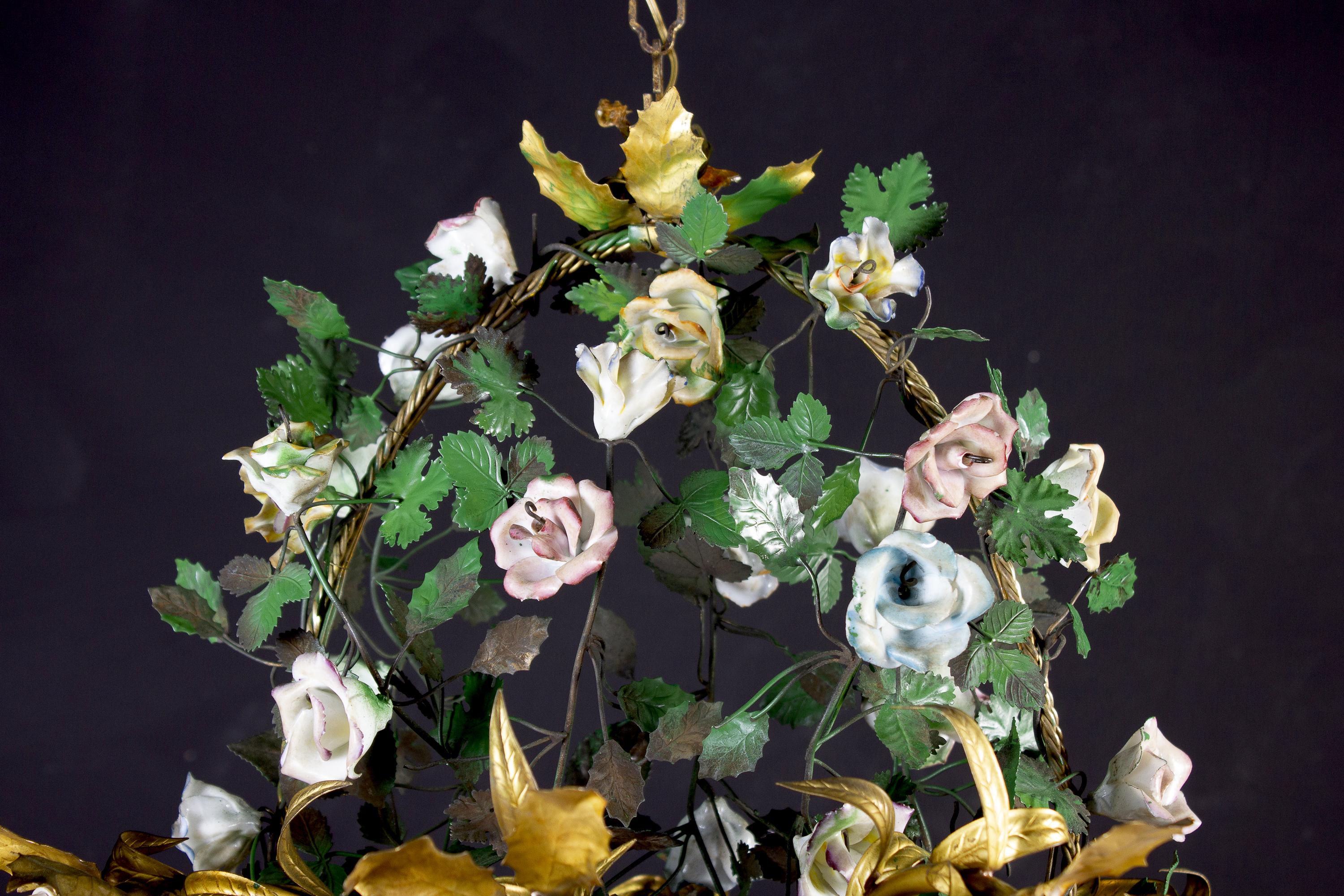 Mid-20th Century Wonderful Italian Basket Chandelier with Colorful Porcelain Flowers, 1940 For Sale