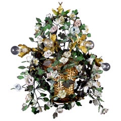 Vintage Wonderful Italian Basket Chandelier with Colorful Porcelain Flowers, 1940