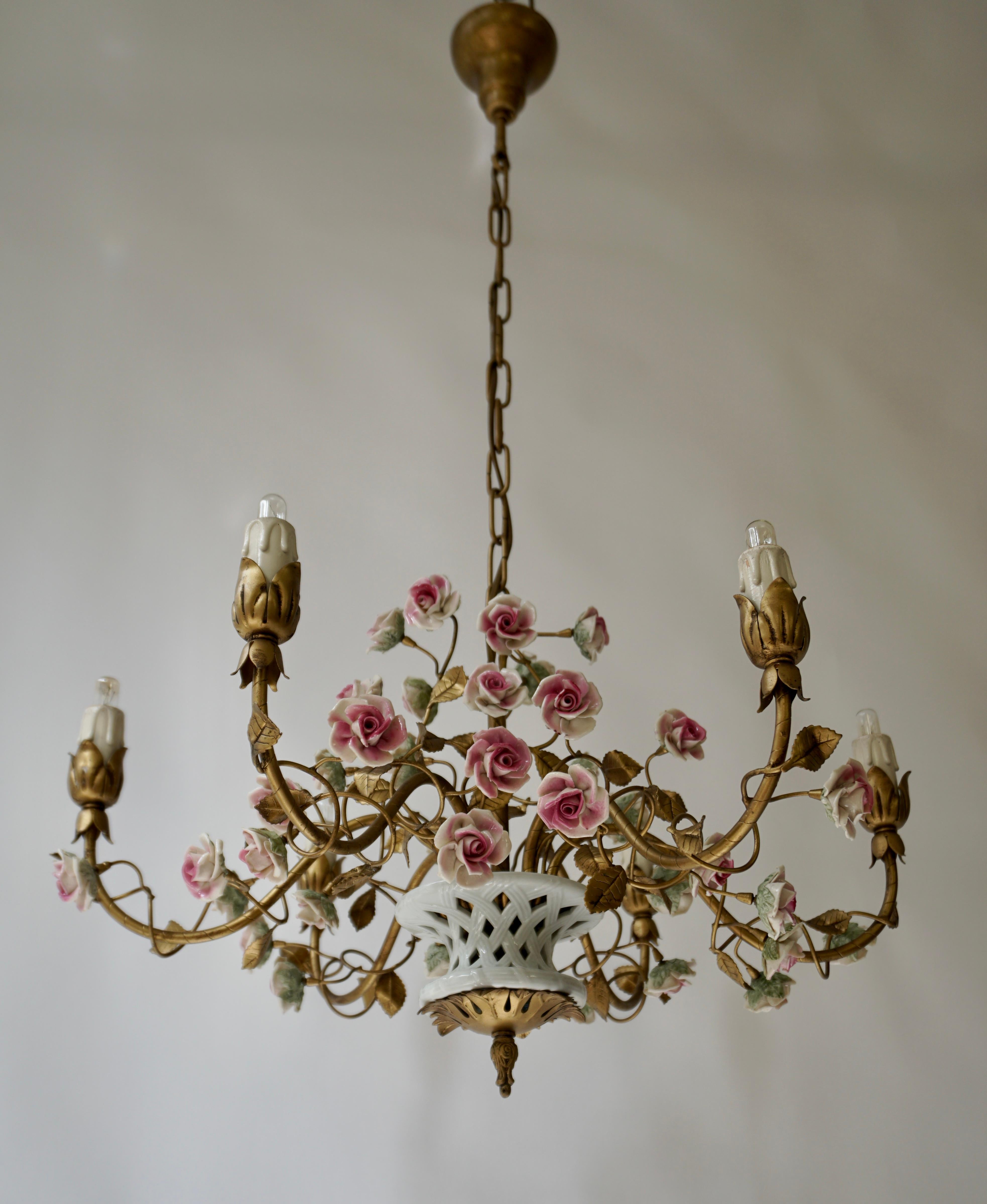 Wonderful Italian Basket Chandelier with Colorful Porcelain Flowers, 1950 6