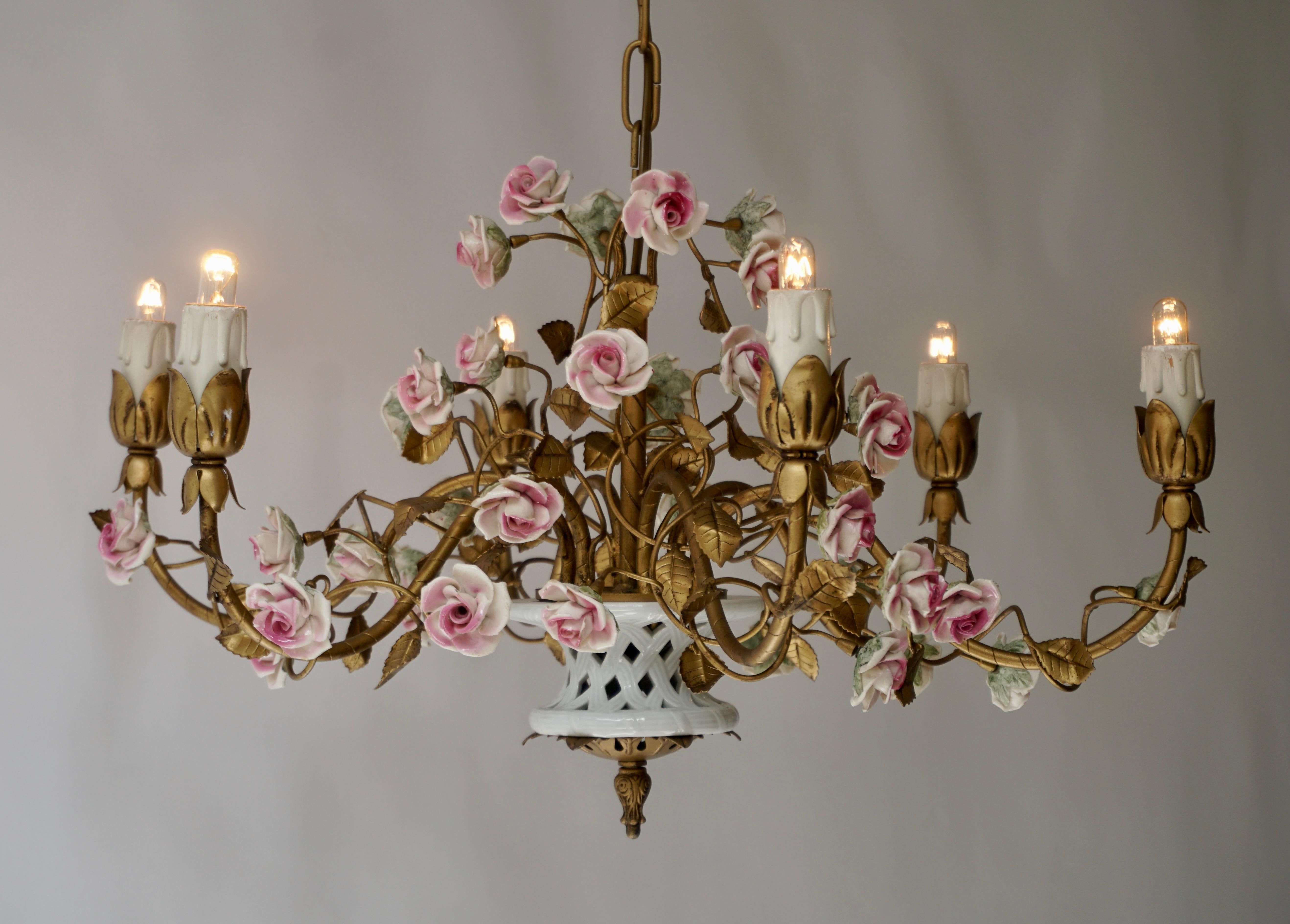 Hollywood Regency Wonderful Italian Basket Chandelier with Colorful Porcelain Flowers, 1950