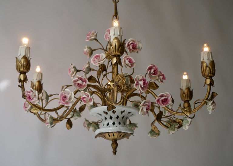 20th Century Wonderful Italian Basket Chandelier with Colorful Porcelain Flowers, 1950
