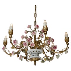 Wonderful Italian Basket Chandelier with Colorful Porcelain Flowers, 1950