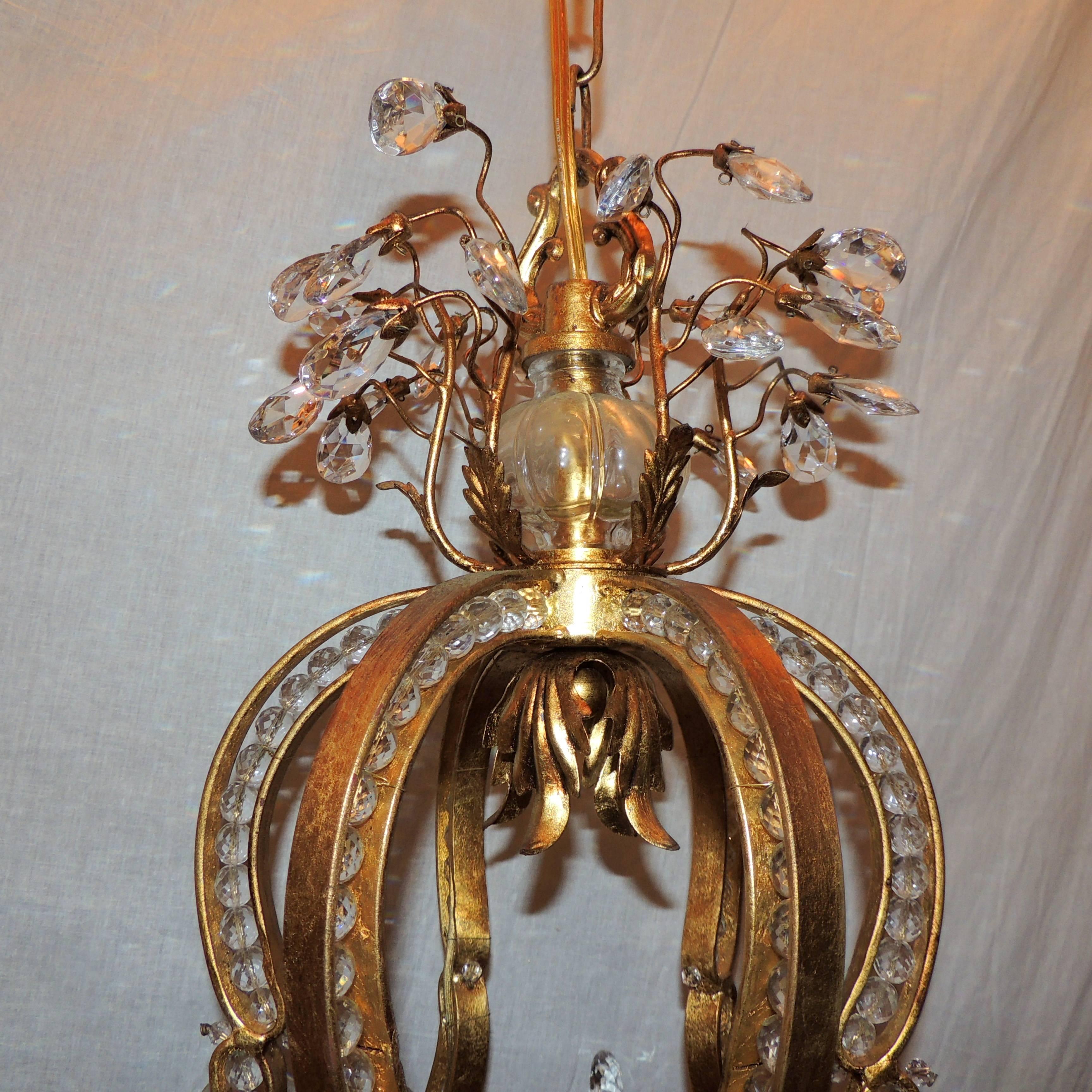 Mid-Century Modern Wonderful Italian Beaded Gilt Baguès Blown Glass Lantern Pendant Pair Chandelier For Sale