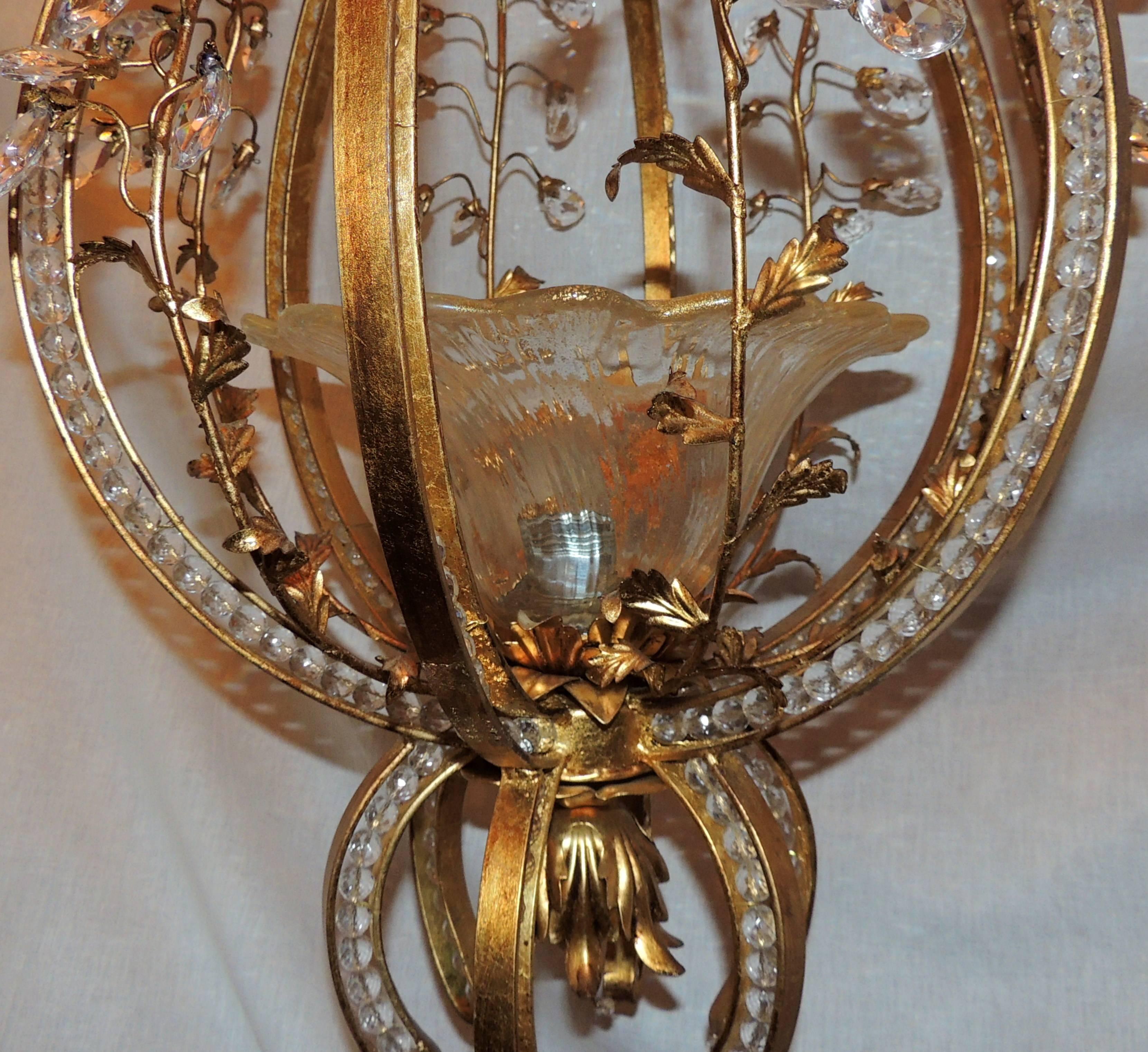 Wonderful Italian Beaded Gilt Baguès Blown Glass Lantern Pendant Pair Chandelier In Good Condition For Sale In Roslyn, NY