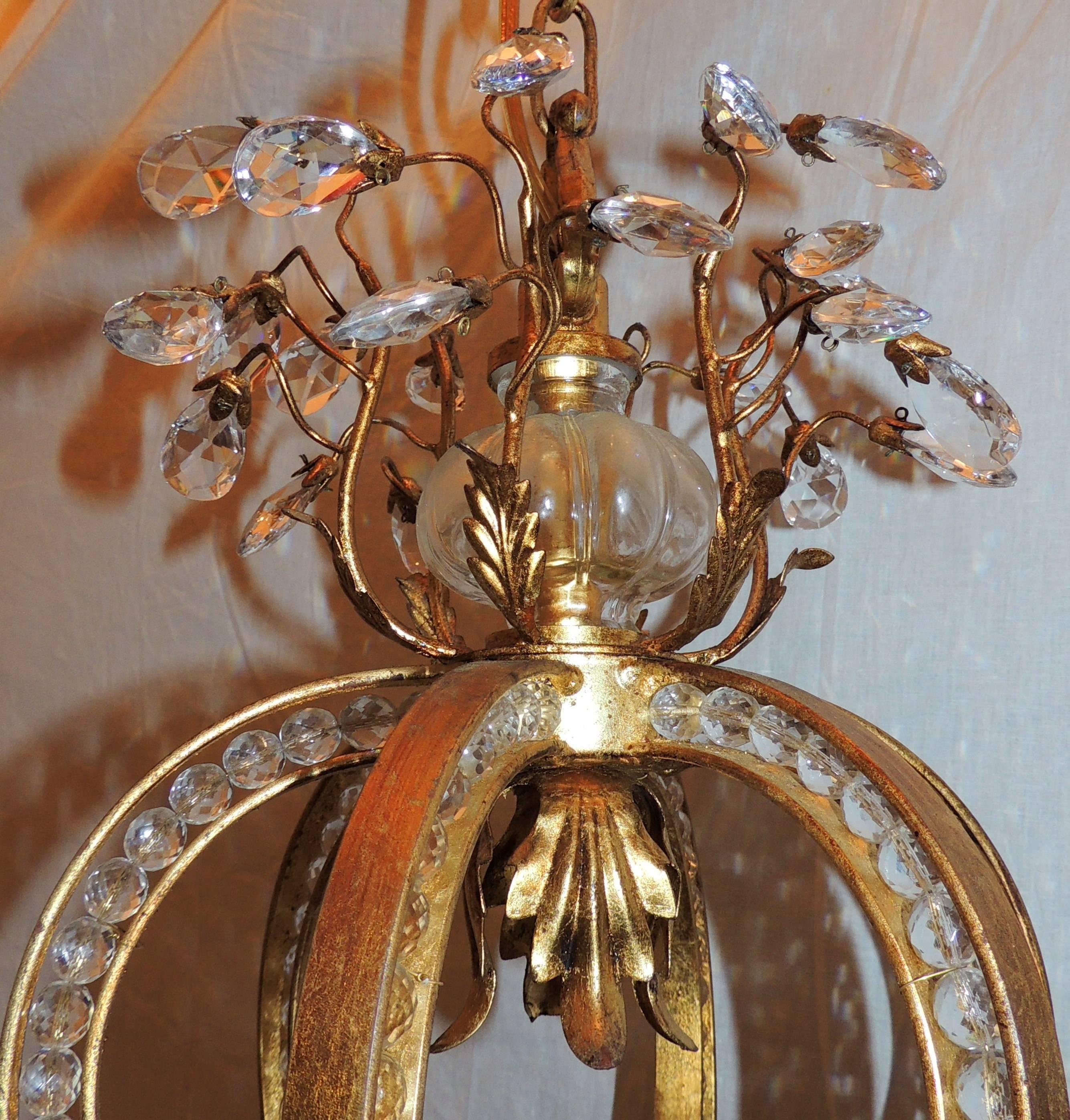 Beads Wonderful Italian Beaded Gilt Baguès Blown Glass Lantern Pendant Pair Chandelier For Sale