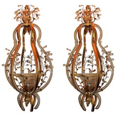 Wonderful Italian Beaded Gilt Baguès Blown Glass Lantern Pendant Pair Chandelier