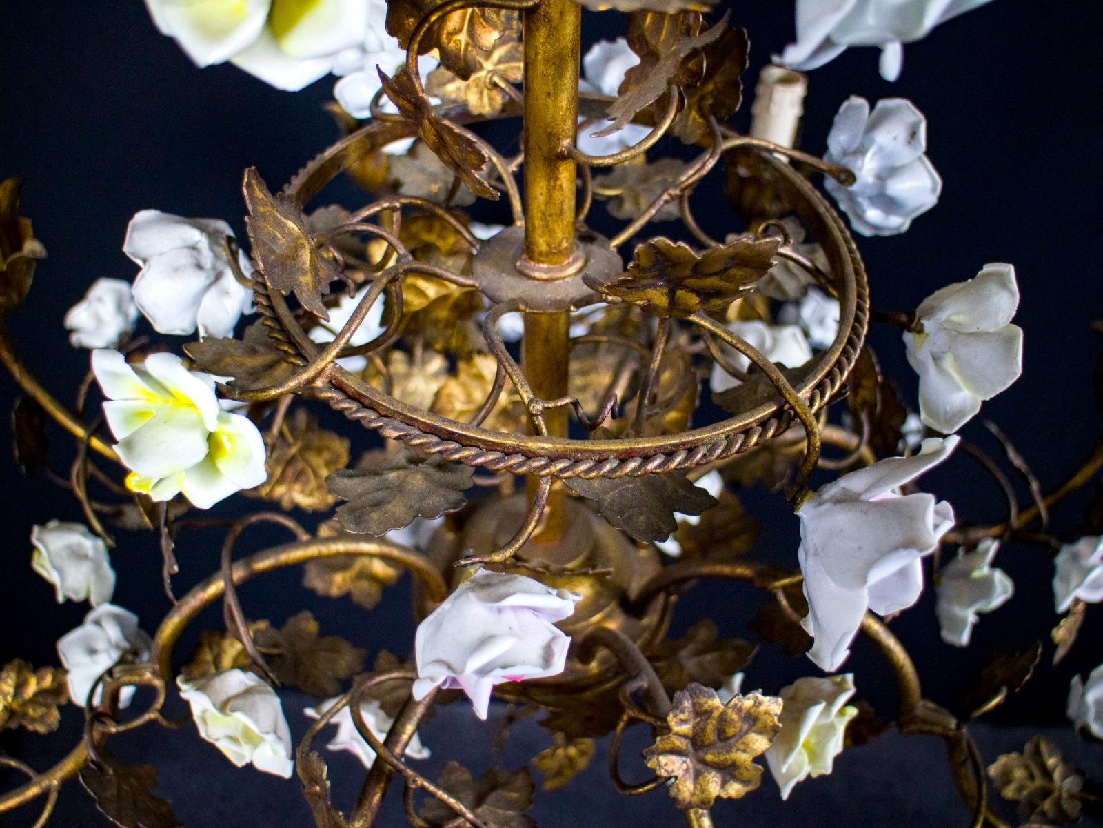 Wonderful Italian Cage Form Chandelier with Colorful Porcelain Flowers For Sale 4