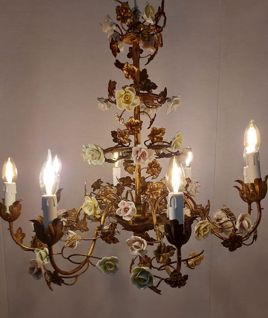 Wonderful Italian Cage Form Chandelier with Colorful Porcelain Flowers For Sale 4