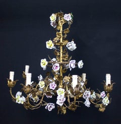 Wonderful Italian Cage Form Chandelier with Colorful Porcelain Flowers
