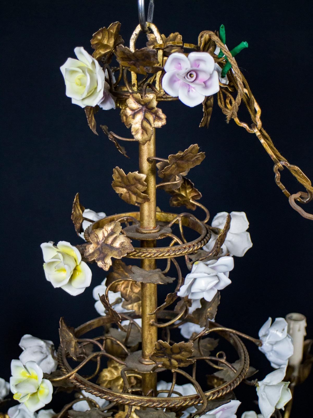 19th Century Wonderful Italian Cage Form Chandelier with Colorful Porcelain Flowers For Sale