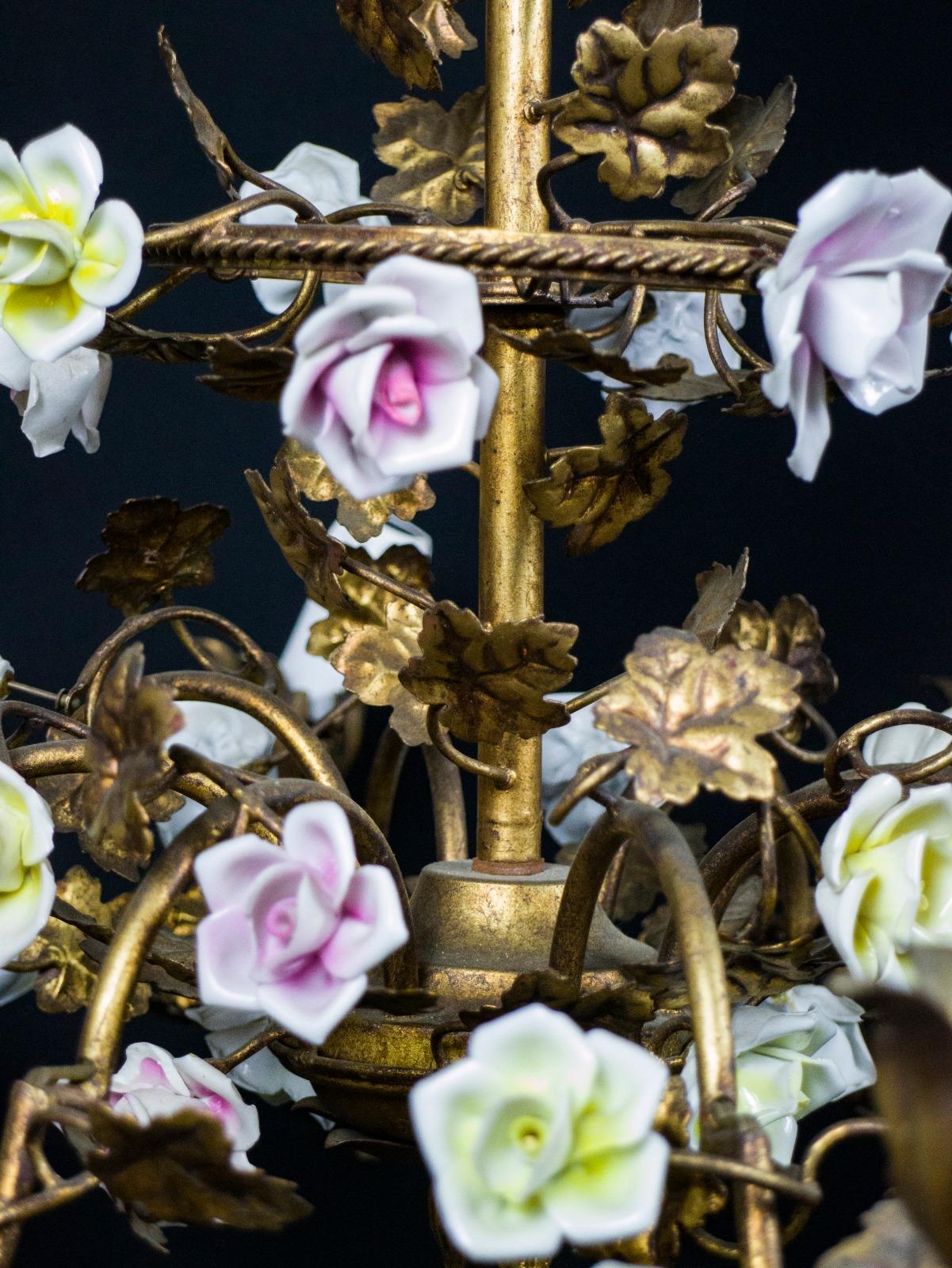 19th Century Wonderful Italian Cage Form Chandelier with Colorful Porcelain Flowers For Sale