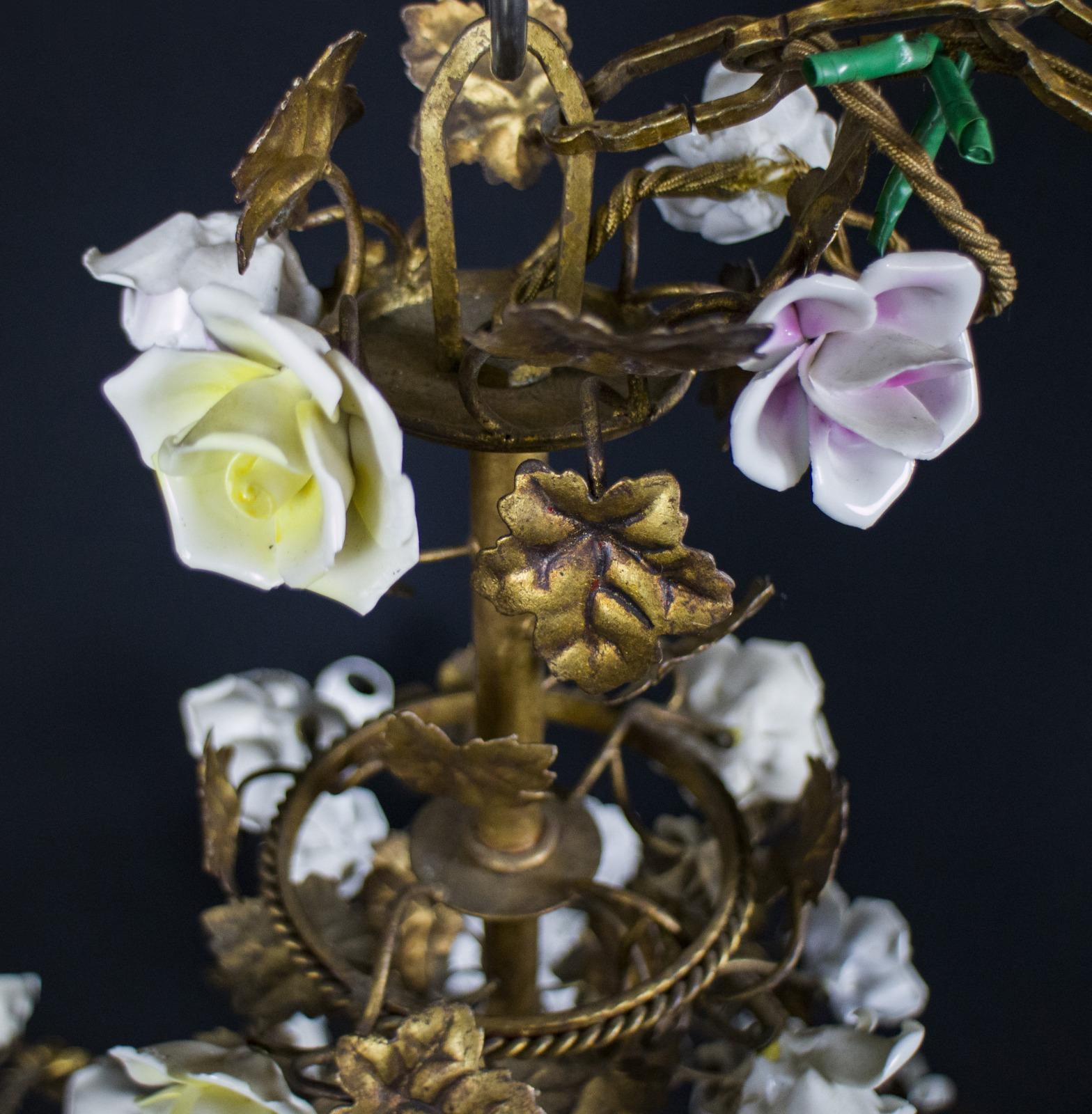 Metal Wonderful Italian Cage Form Chandelier with Colorful Porcelain Flowers For Sale