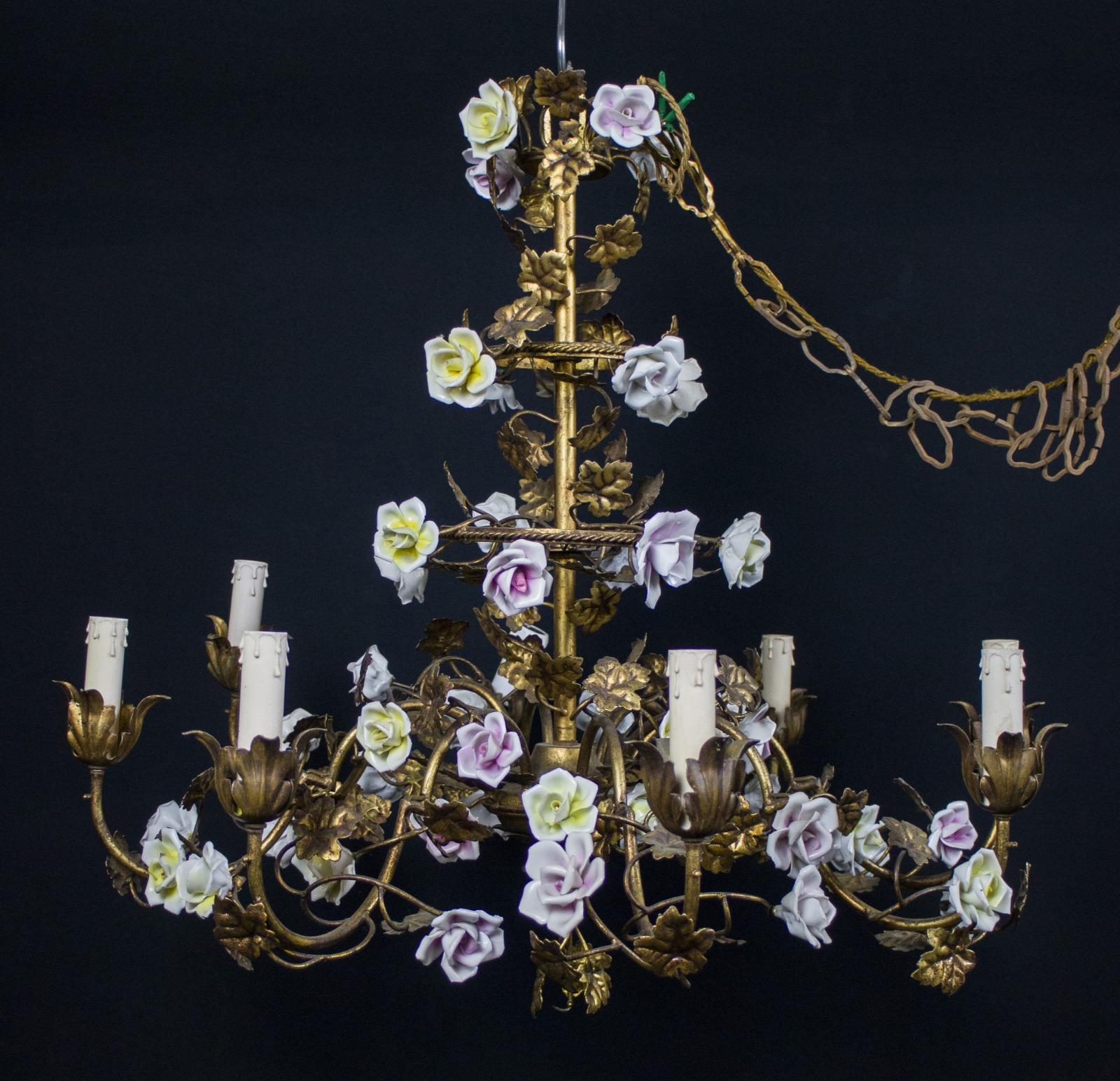 Wonderful Italian Cage Form Chandelier with Colorful Porcelain Flowers For Sale 1