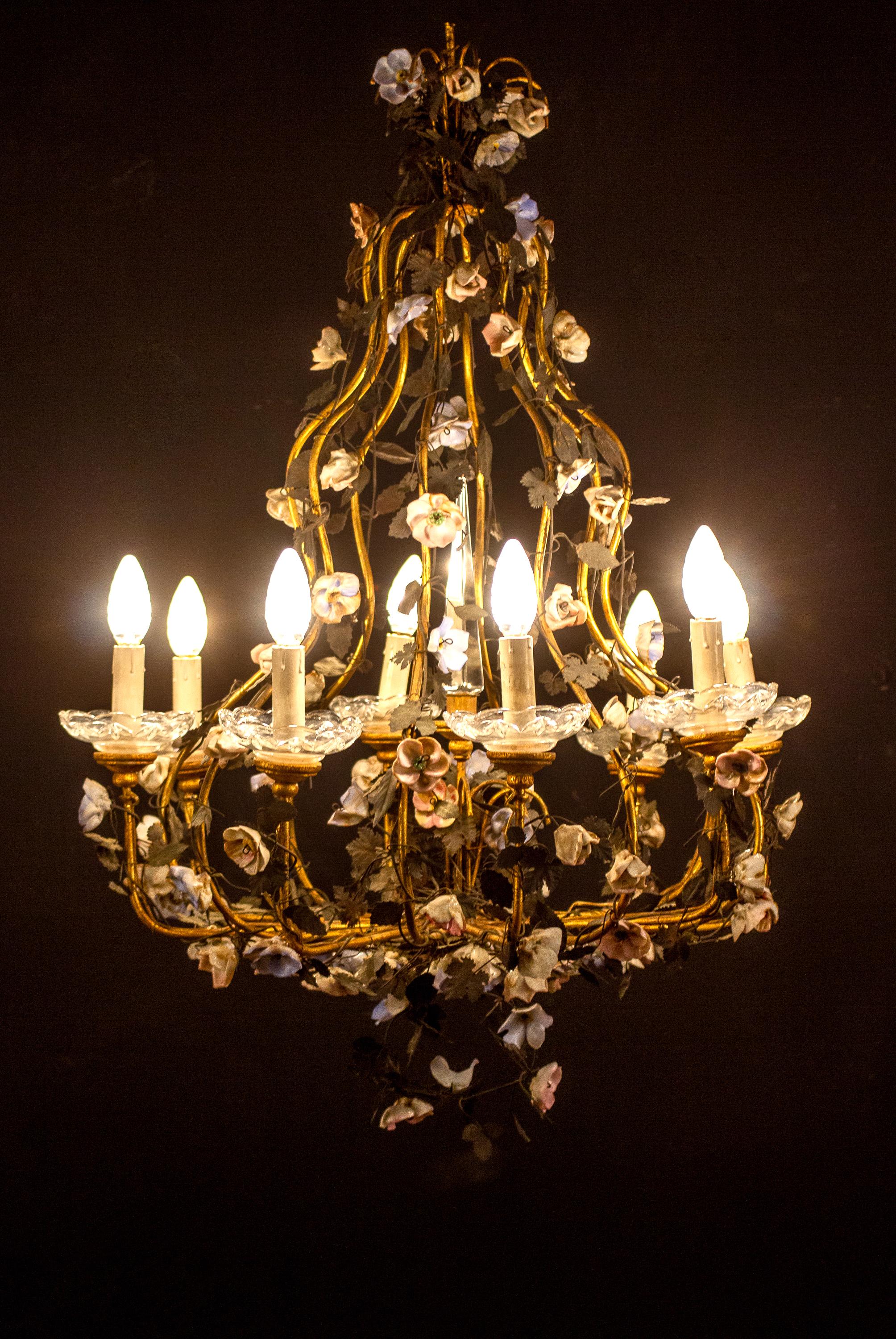 Wonderful Italian Cage Form Chandelier with Colorful Porcelain Flowers 3