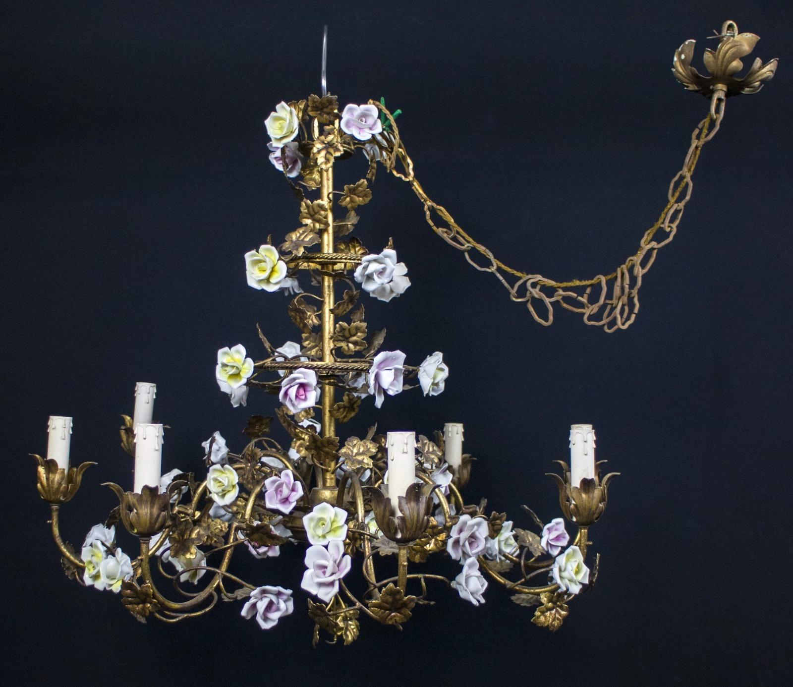 Wonderful Italian Cage Form Chandelier with Colorful Porcelain Flowers For Sale 3