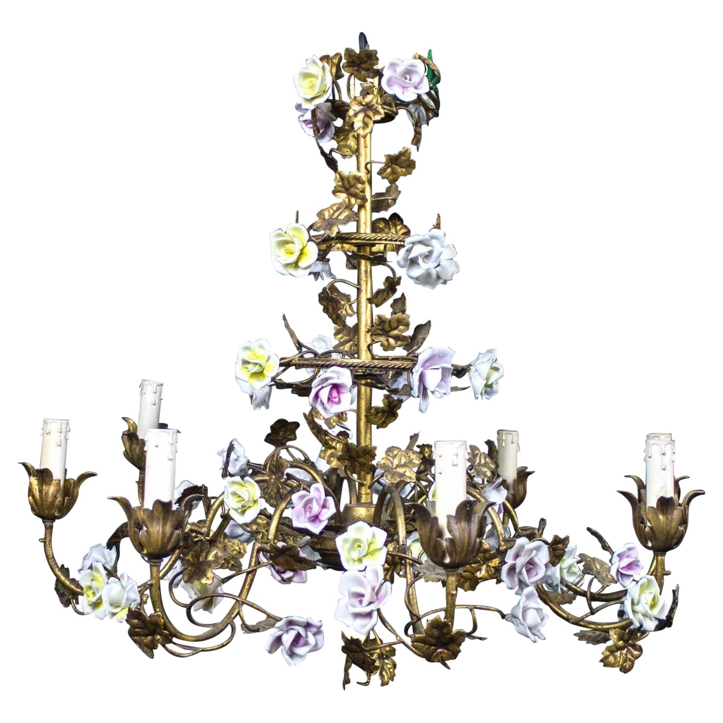 Magnifique lustre italien en forme de cage avec des fleurs colorées en porcelaine