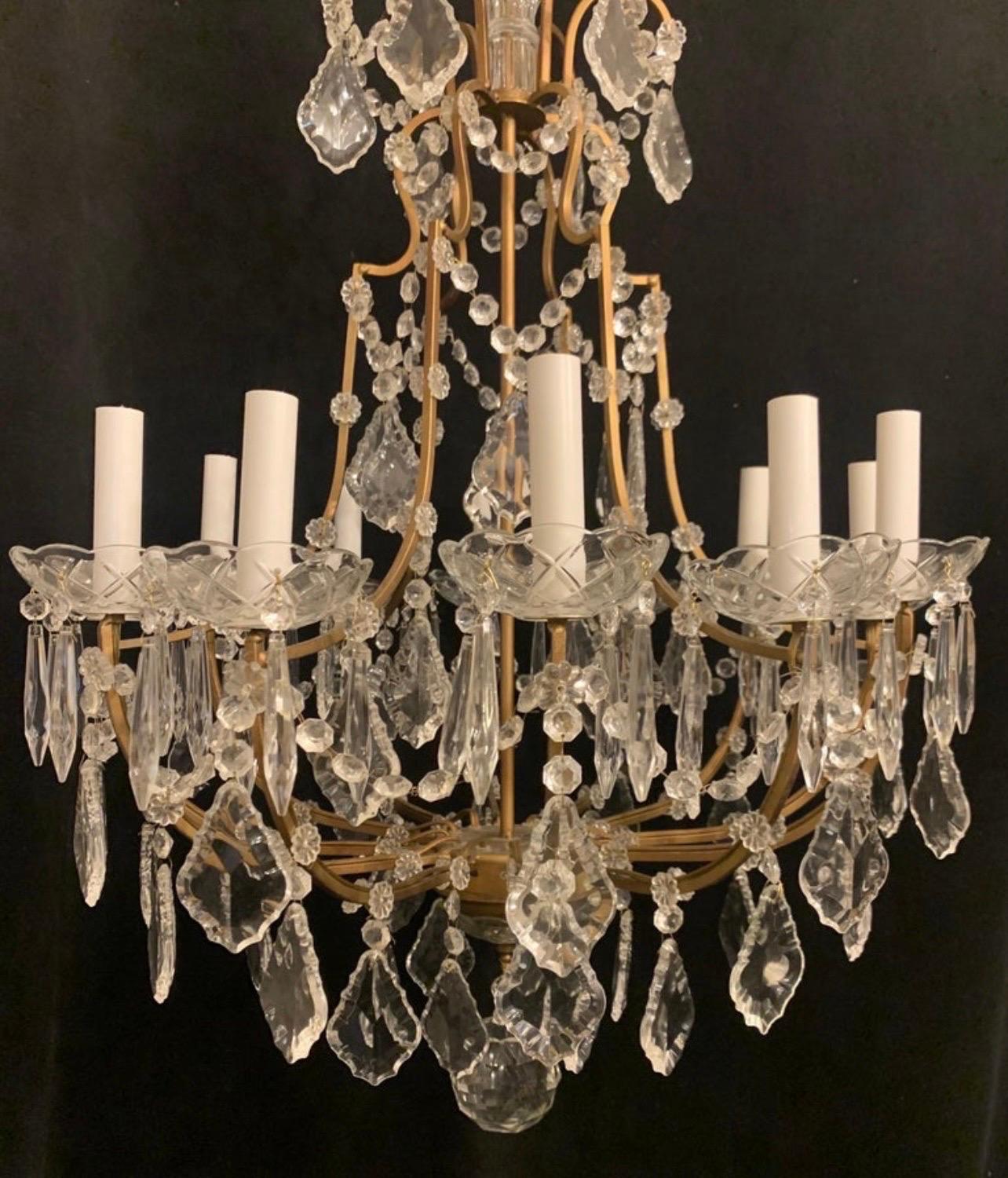 Belle Époque Merveilleux lustre italien en cristal doré à 12 lumières en forme de cage d'oiseau en vente