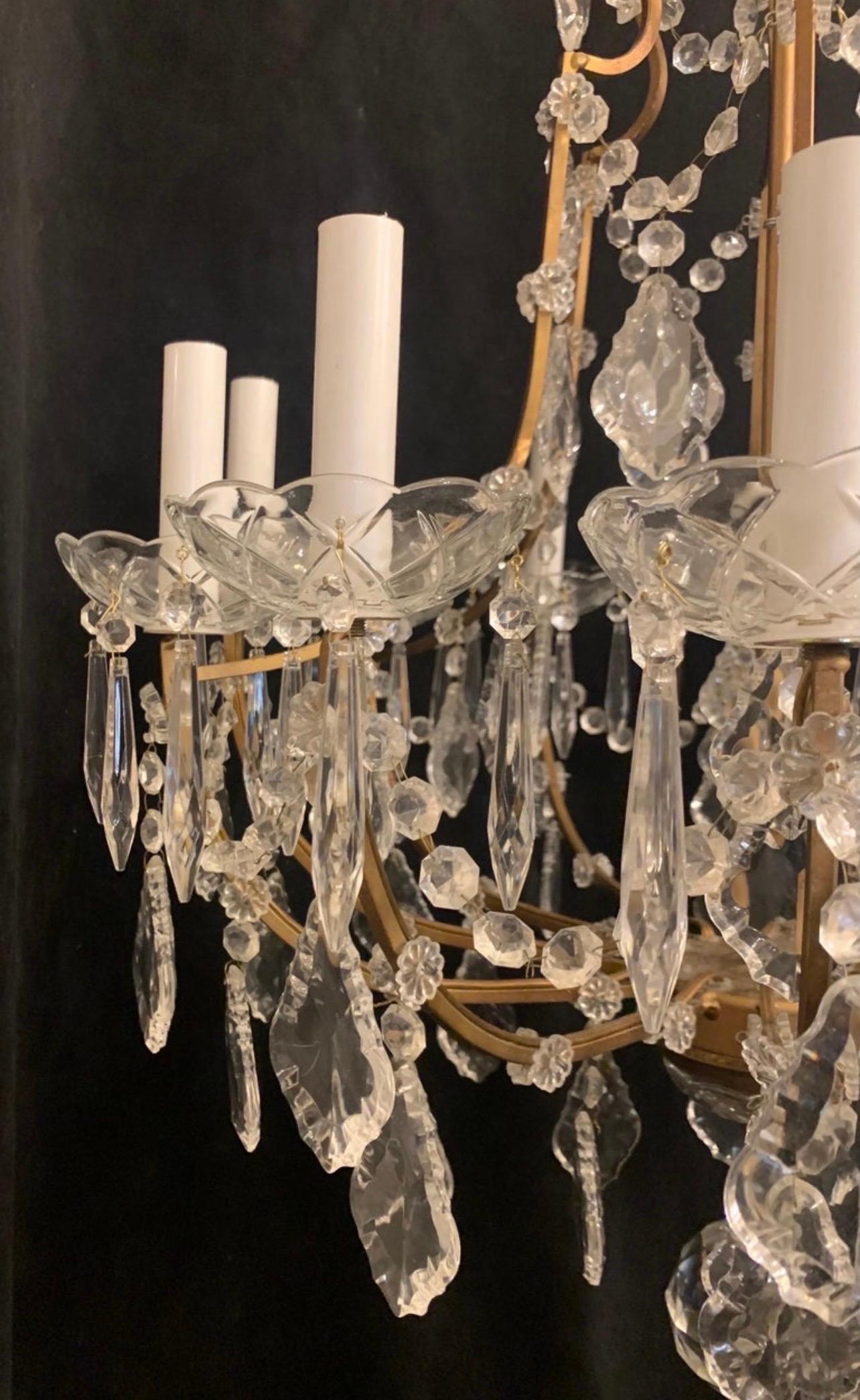 Wonderful Italian Crystal Gold Gilt 12-Light Bird Cage Fixture Light Chandelier In Good Condition For Sale In Roslyn, NY