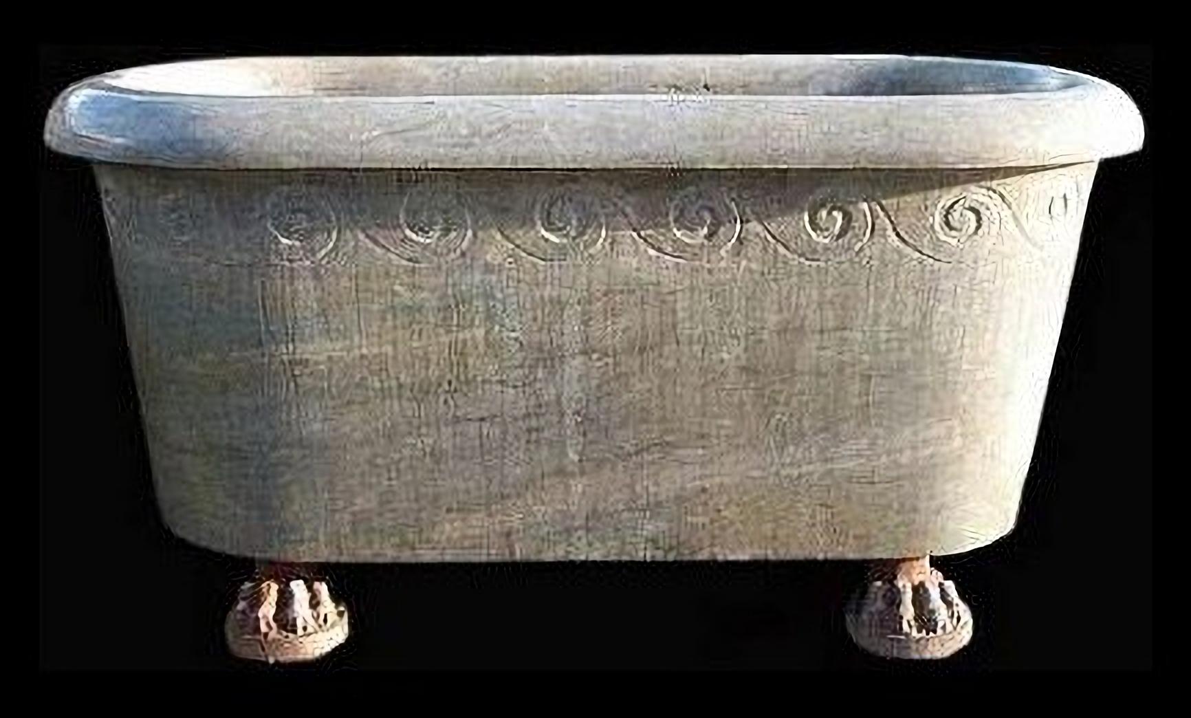 WONDERFUL ITALIAN GIANT ANTIQUE STONE BATHTUB end 19th Century

Bathtub with a beautiful motif taken from the Greek iconography of the Golden Age (400 BC).
The feet are in terracotta
end 19th Century
HEIGHT 76cm
WIDTH 64cms
LENGTH 175cm
INTERNAL
