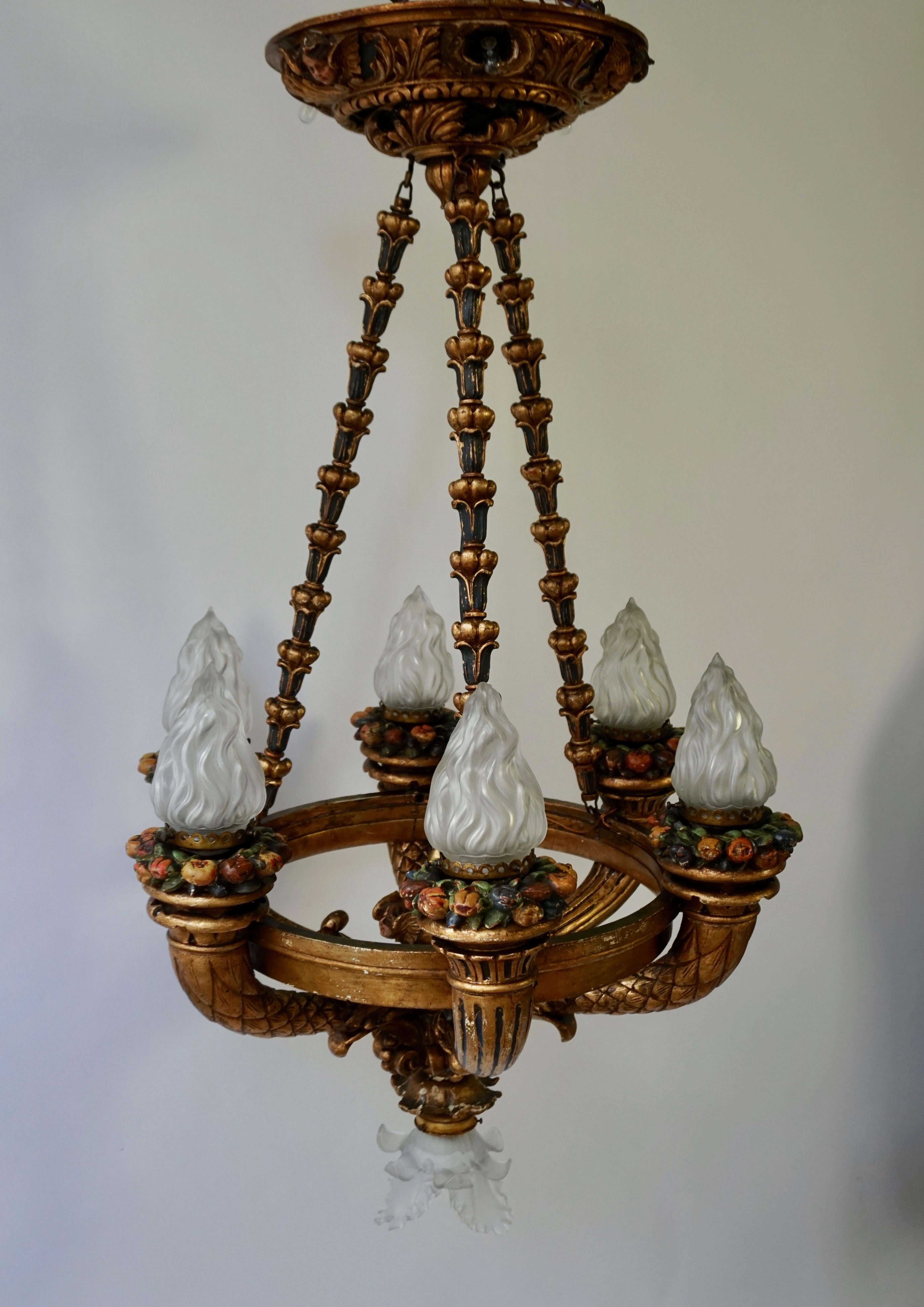Wood Wonderful Italian Giltwood Cherubs Putti and Painted Fruit Torch Chandelier For Sale