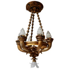 Antique Wonderful Italian Giltwood Cherubs Putti and Painted Fruit Torch Chandelier