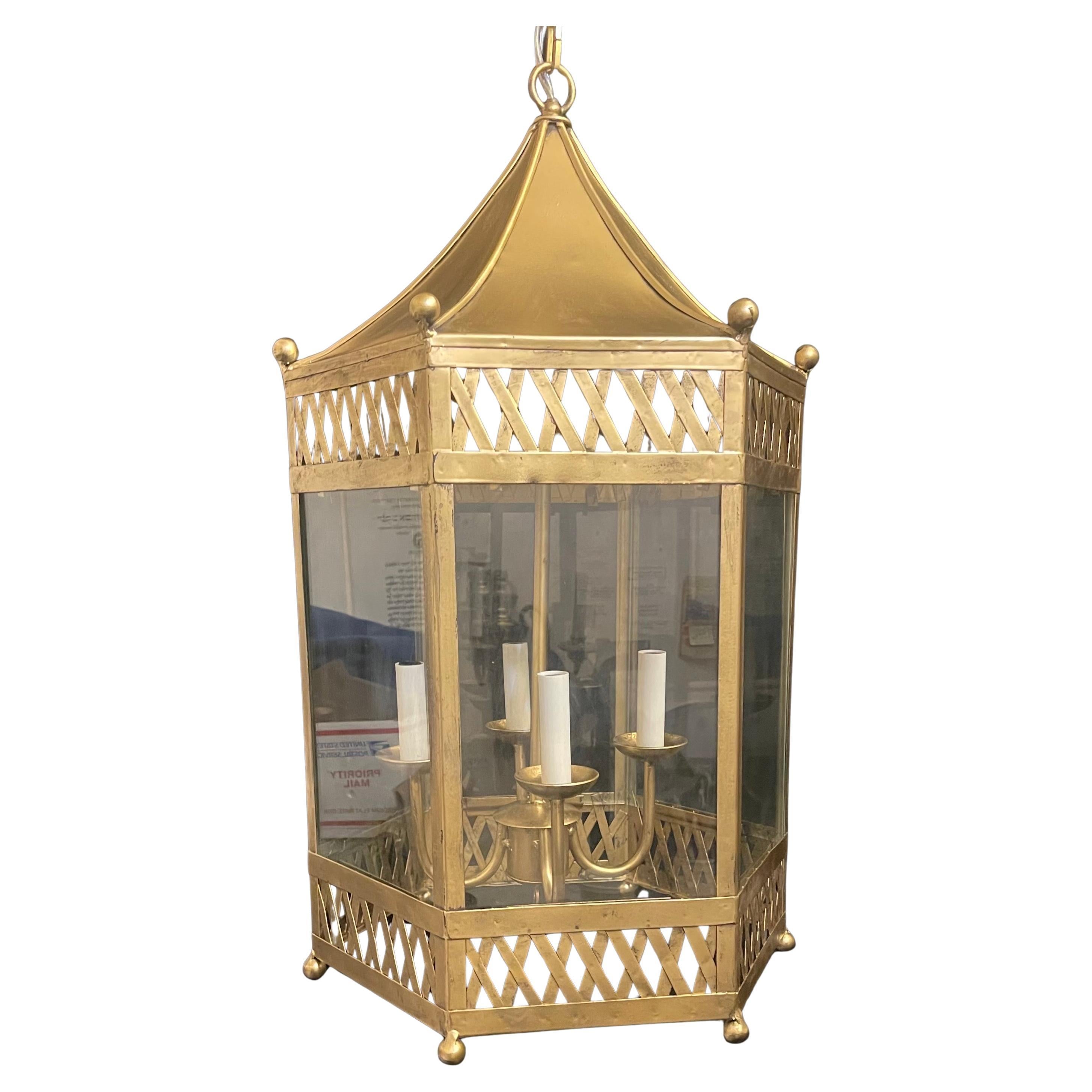Wonderful Italian Large Gold Gilt Tole Lattice Pagoda Lantern Light Fixture