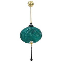 Wonderful Italian Murano Emerald Green Art Glass Brass Light Fixture Chandelier