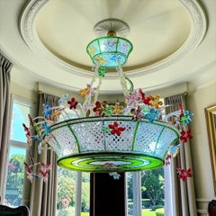 Wonderful Italian Oval Shaped Basket Chandelier with Colorful Flowers