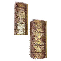 Wonderful Italian Pair PolyChrome Pattern Murano Art Glass Brass Mazzega Sconces