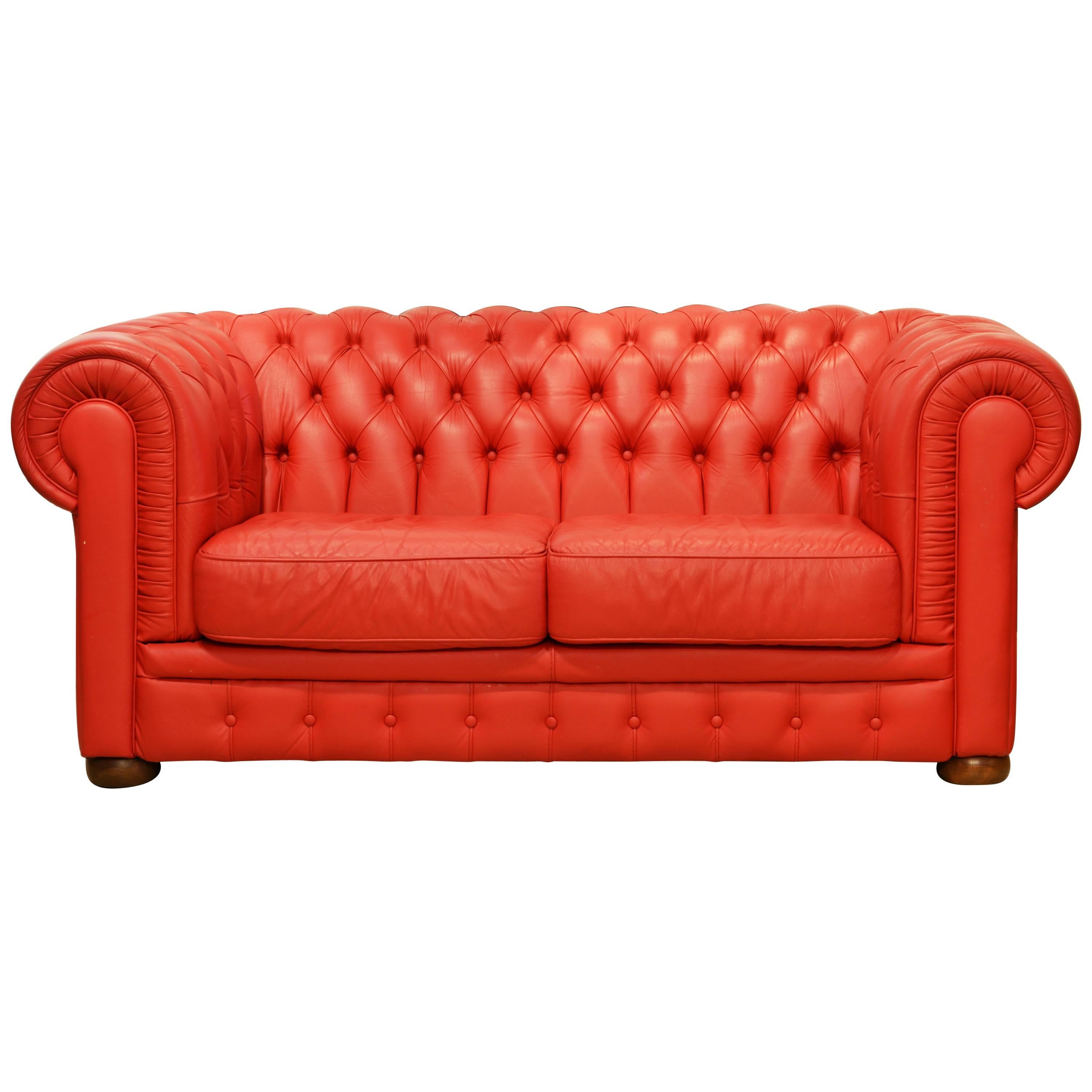 Wonderful Italian Red Leather Chesterfield Sofa in the Style of Poltrona Frau