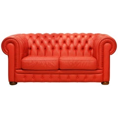 Wonderful Italian Red Leather Chesterfield Sofa in the Style of Poltrona Frau