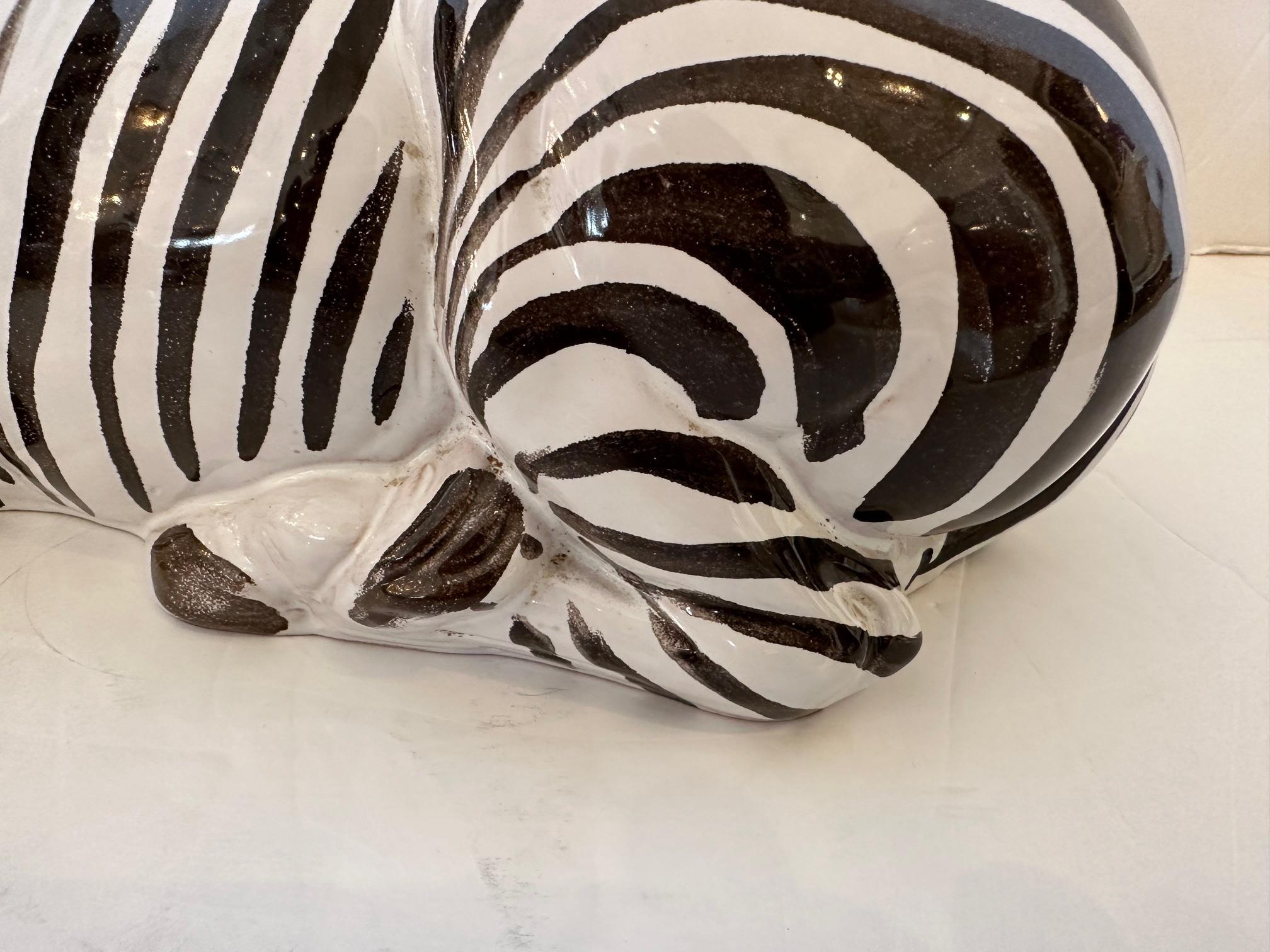 Wonderful Italian Vintage Glazed Ceramic Zebra Sculpture In Good Condition In Hopewell, NJ